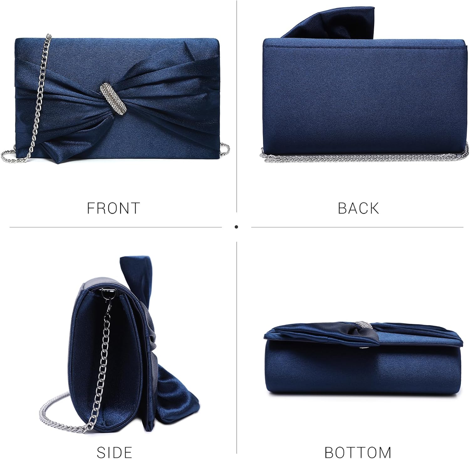 Women Elegant Satin Bow Flap Evening Bag Rhinestone Clutch Purse Handbag Formal/Wedding/Prom/Party