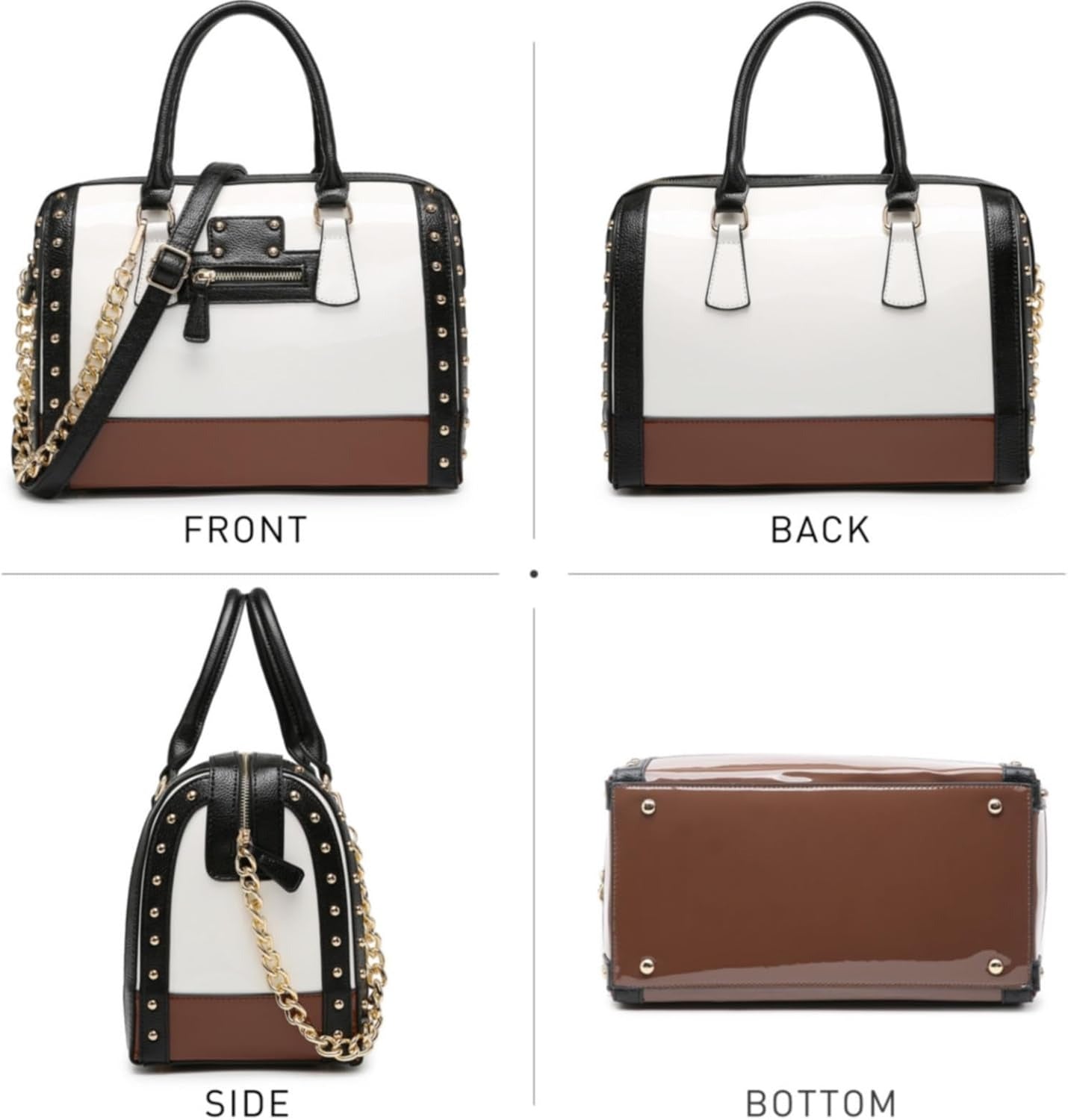 Women's Barrel Bag Shiny Patent Faux Leather Handbag with Rivet Decoration Top Handle Satchel Shoulder Purse