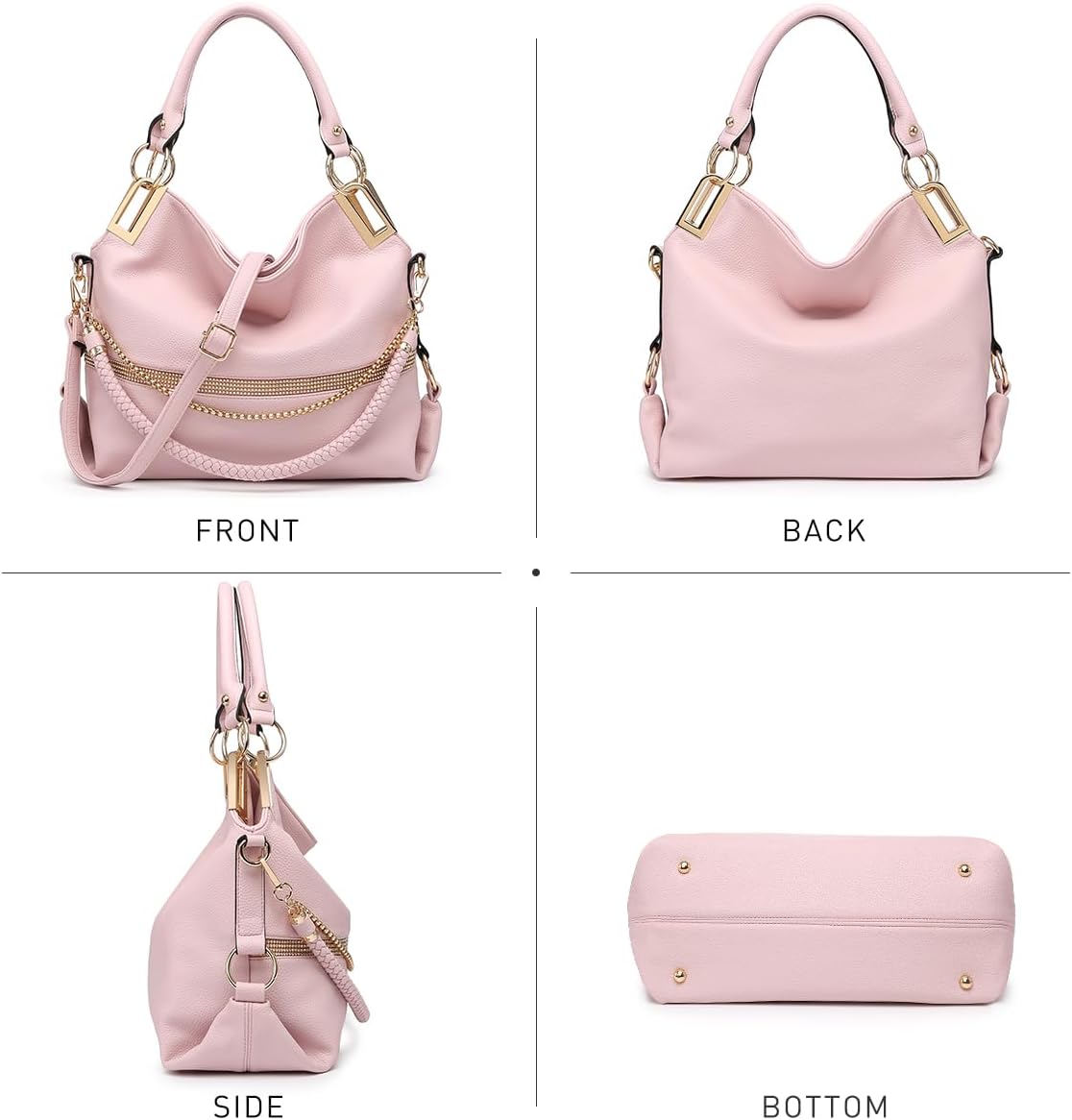 Women's Large Hobo Bag with Rhinestone Accents Vegan Leather Tote Purse Shoulder Handbag for Ladies