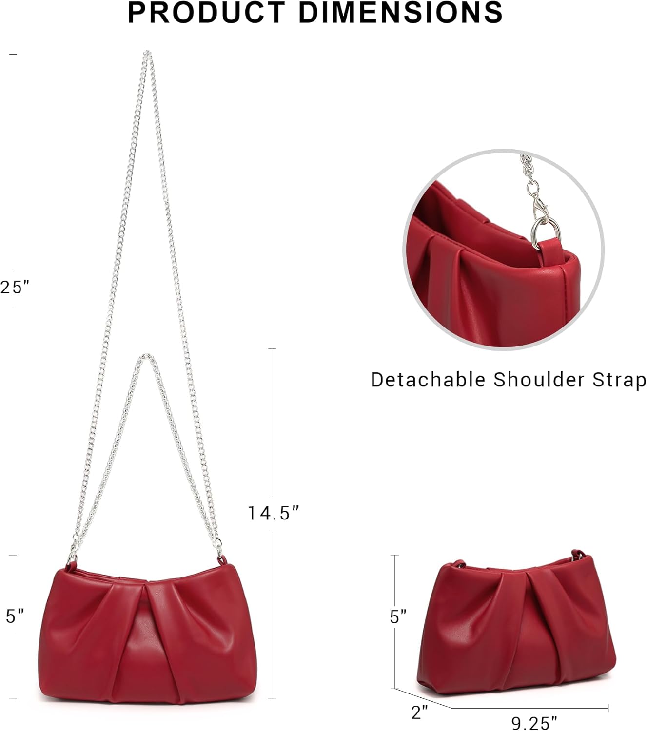 Elegant Pleated Evening Bag Soft Vegan Leather Clutch Purse Dressy Formal Handbag with 2 Chain Straps for Women