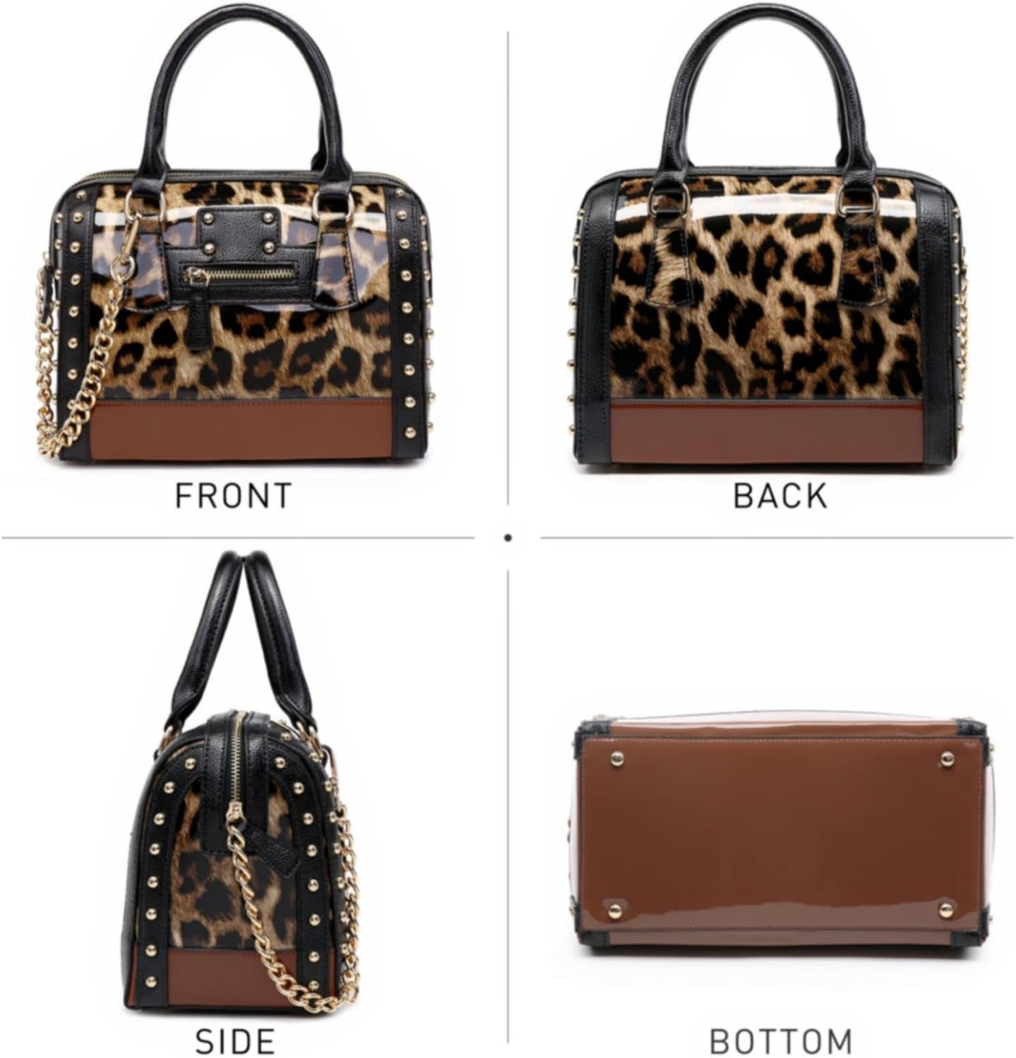 Women's Barrel Bag Shiny Patent Faux Leather Handbag with Rivet Decoration Top Handle Satchel Shoulder Purse