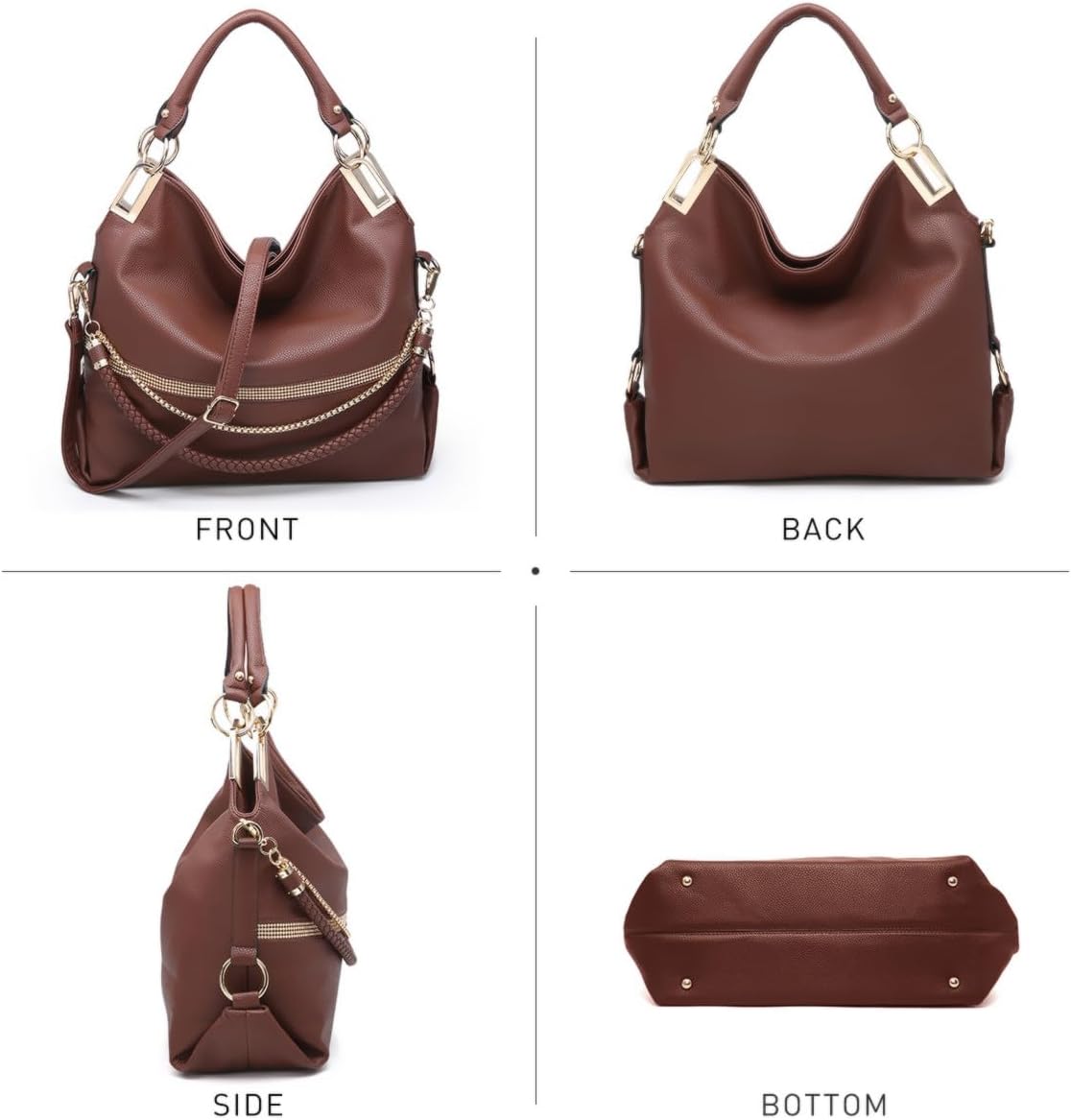 Women's Large Hobo Bag with Rhinestone Accents Vegan Leather Tote Purse Shoulder Handbag for Ladies