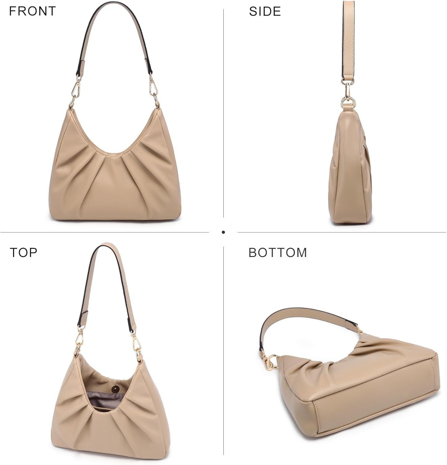Ruched Hobo Handbag for Women Retro Shoulder Purse Crossbody Bag with 2 Removable Straps
