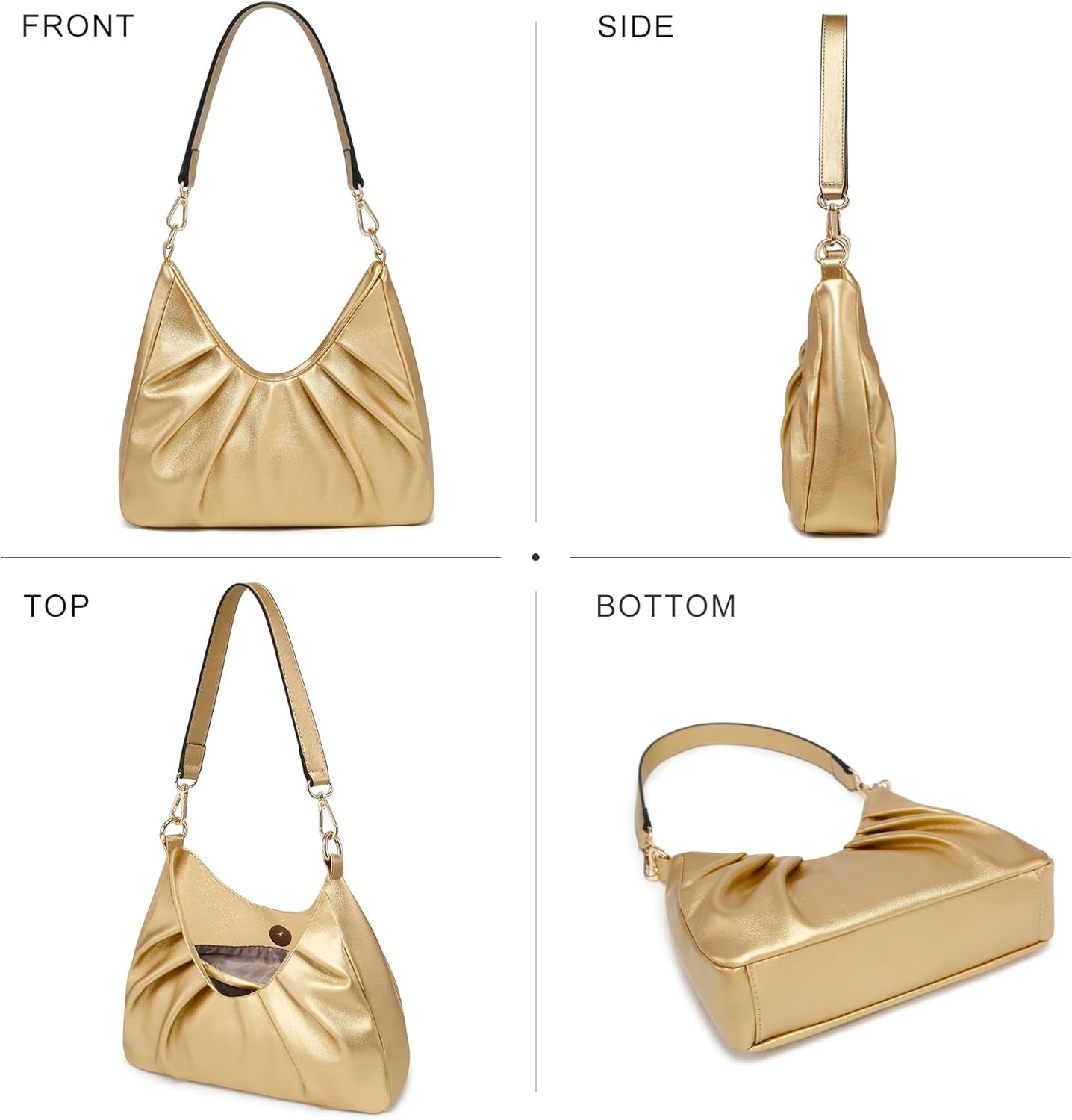 Ruched Hobo Handbag for Women Retro Shoulder Purse Crossbody Bag with 2 Removable Straps