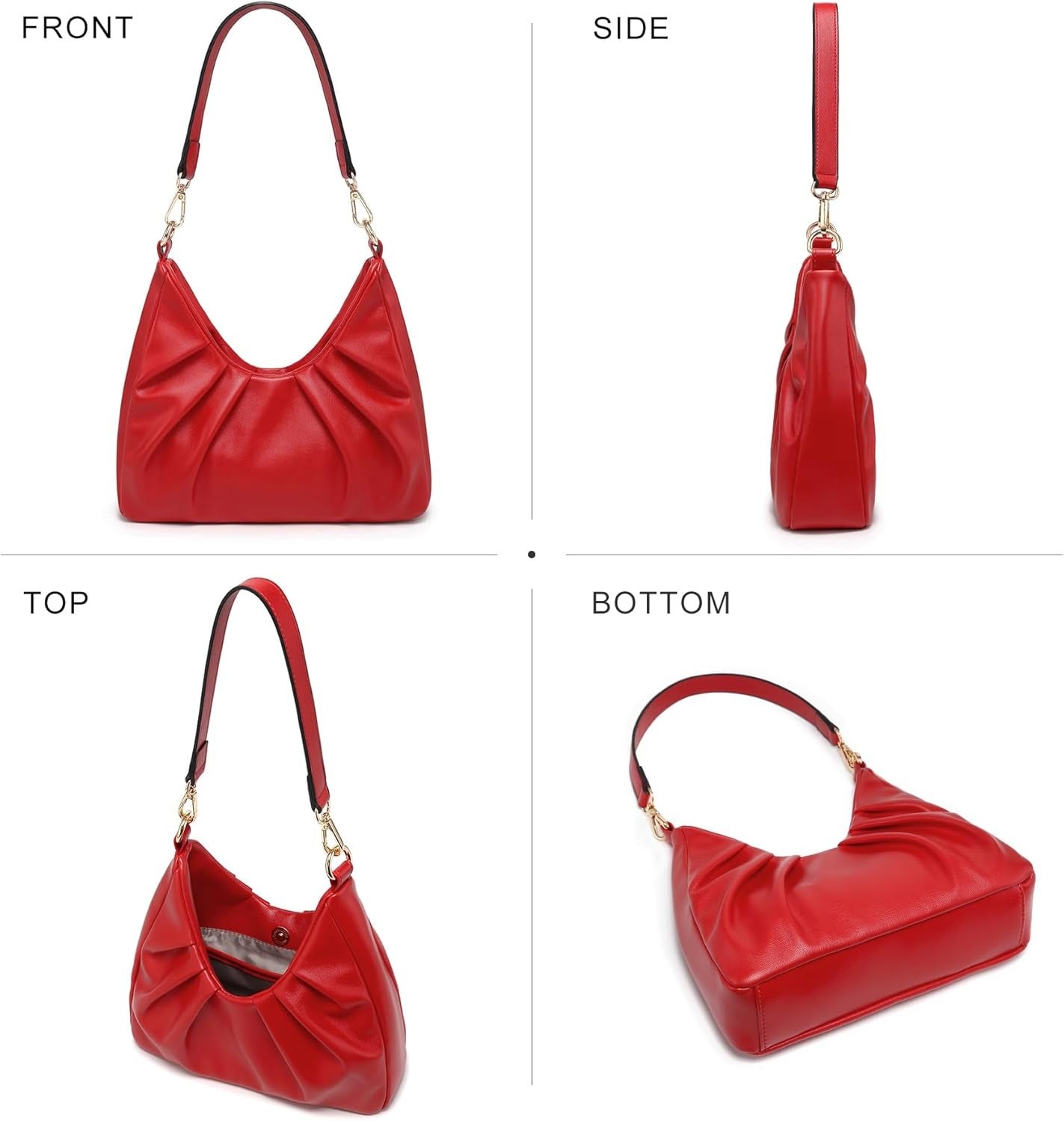 Ruched Hobo Handbag for Women Retro Shoulder Purse Crossbody Bag with 2 Removable Straps