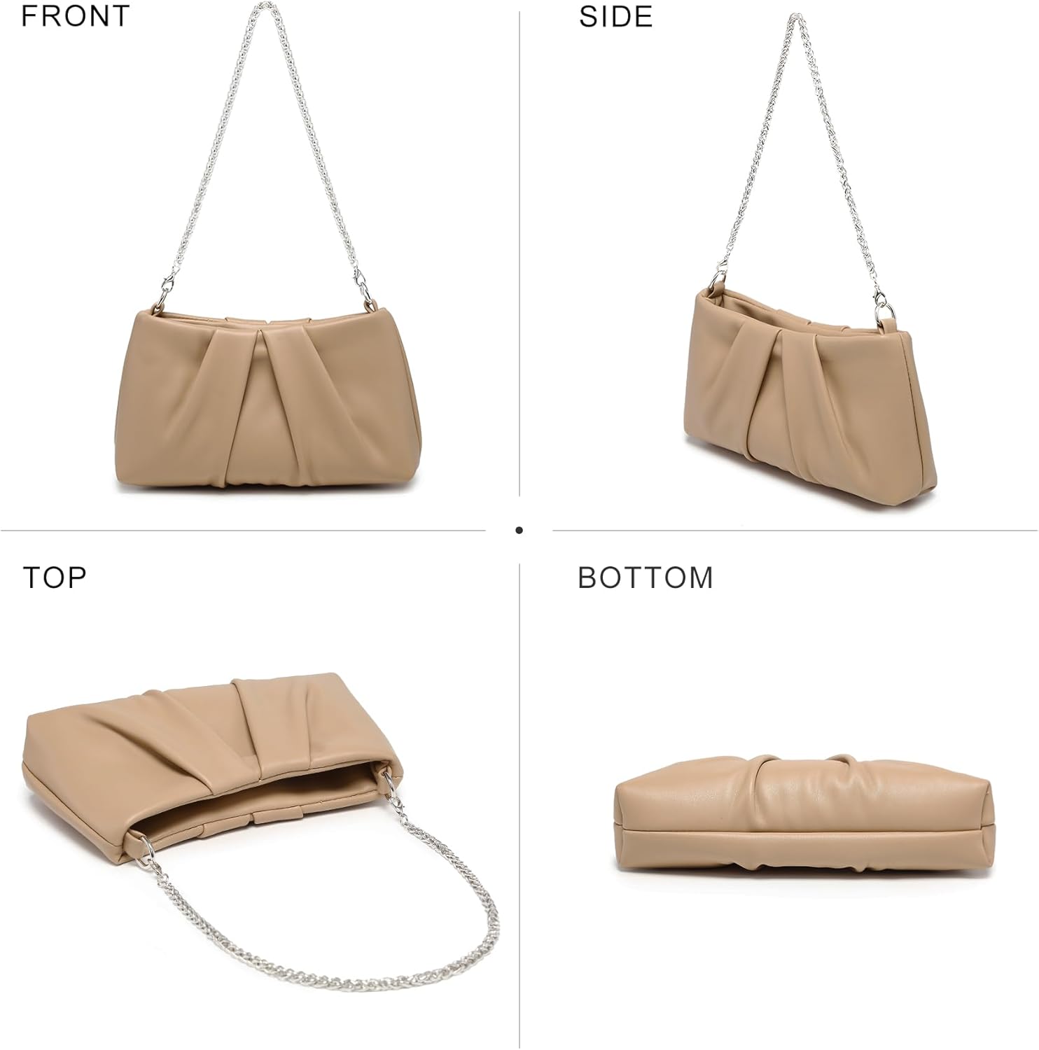 Elegant Pleated Evening Bag Soft Vegan Leather Clutch Purse Dressy Formal Handbag with 2 Chain Straps for Women
