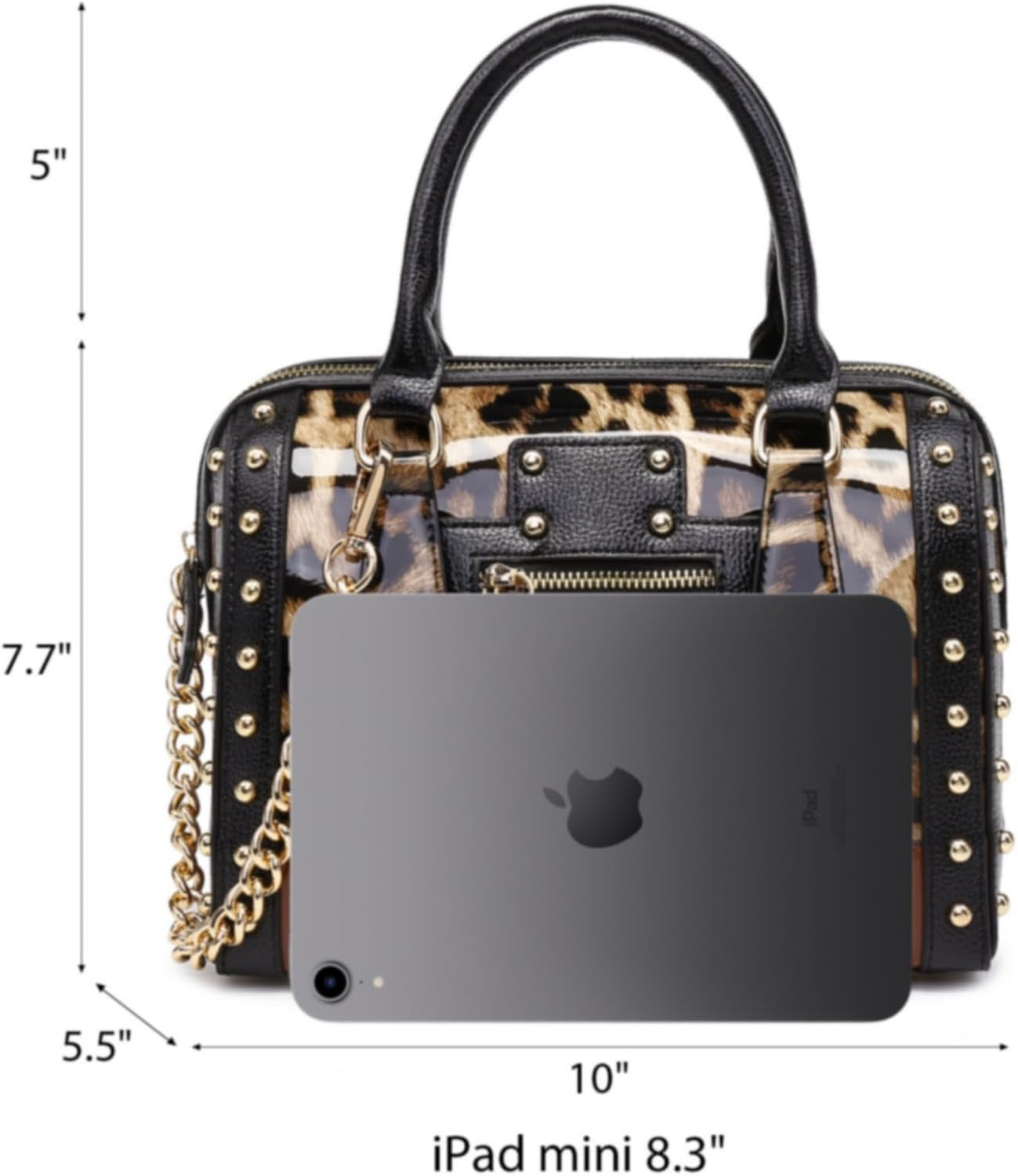 Women's Barrel Bag Shiny Patent Faux Leather Handbag with Rivet Decoration Top Handle Satchel Shoulder Purse