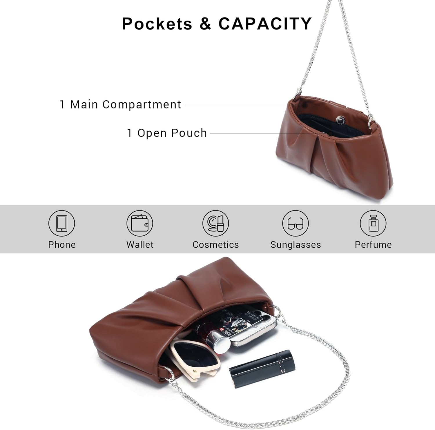 Elegant Pleated Evening Bag Soft Vegan Leather Clutch Purse Dressy Formal Handbag with 2 Chain Straps for Women