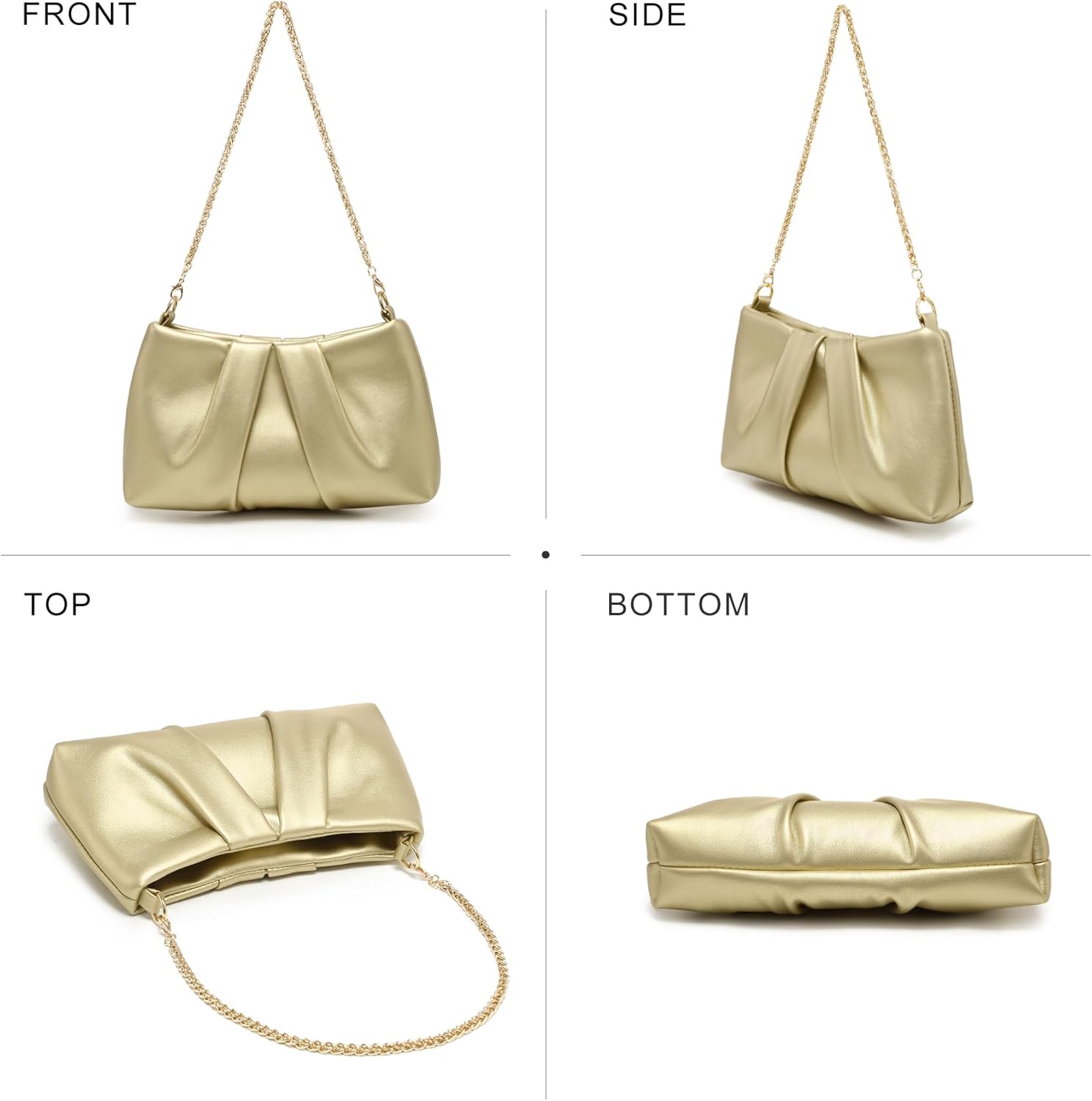 Elegant Pleated Evening Bag Soft Vegan Leather Clutch Purse Dressy Formal Handbag with 2 Chain Straps for Women