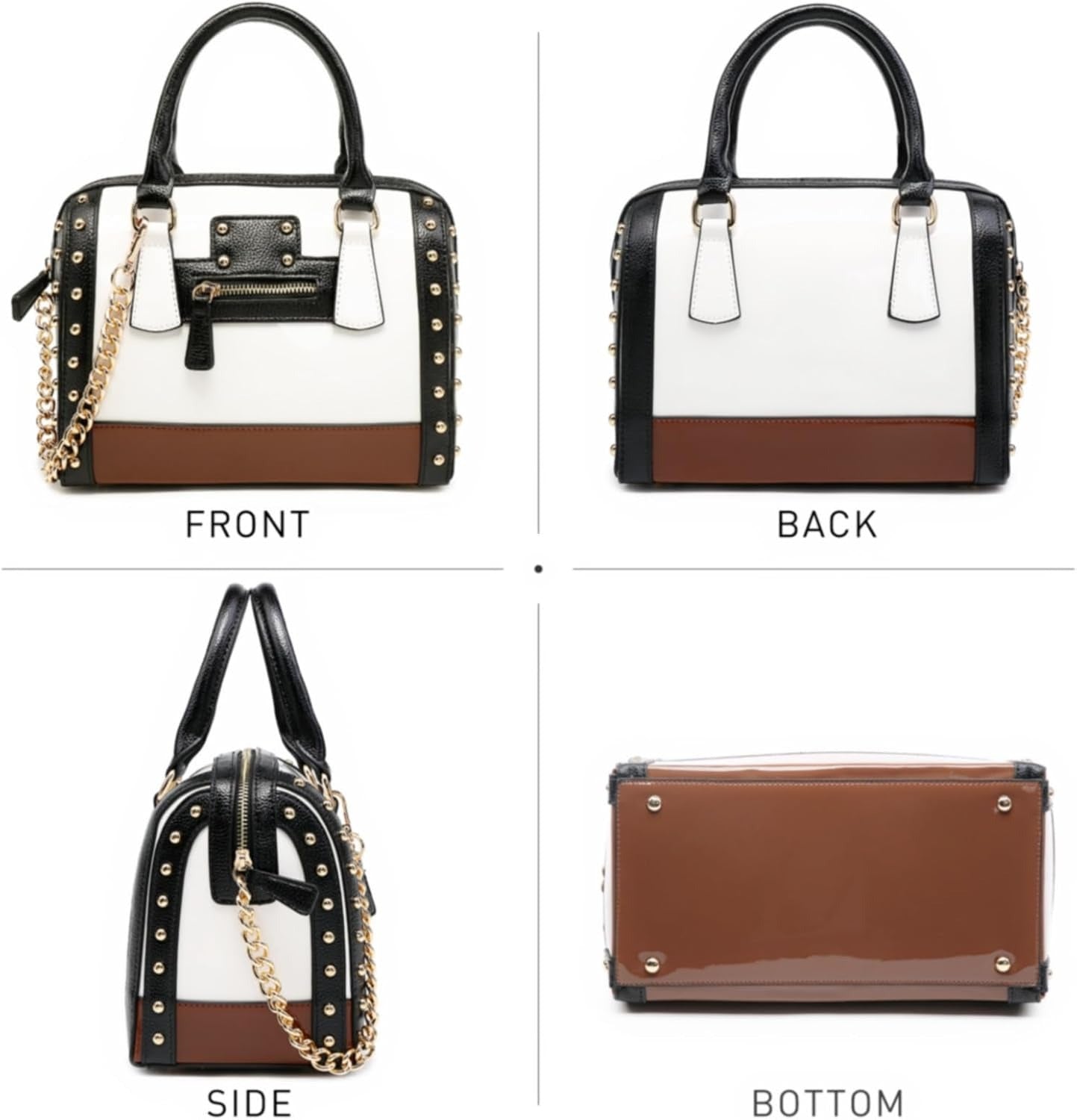 Women's Barrel Bag Shiny Patent Faux Leather Handbag with Rivet Decoration Top Handle Satchel Shoulder Purse