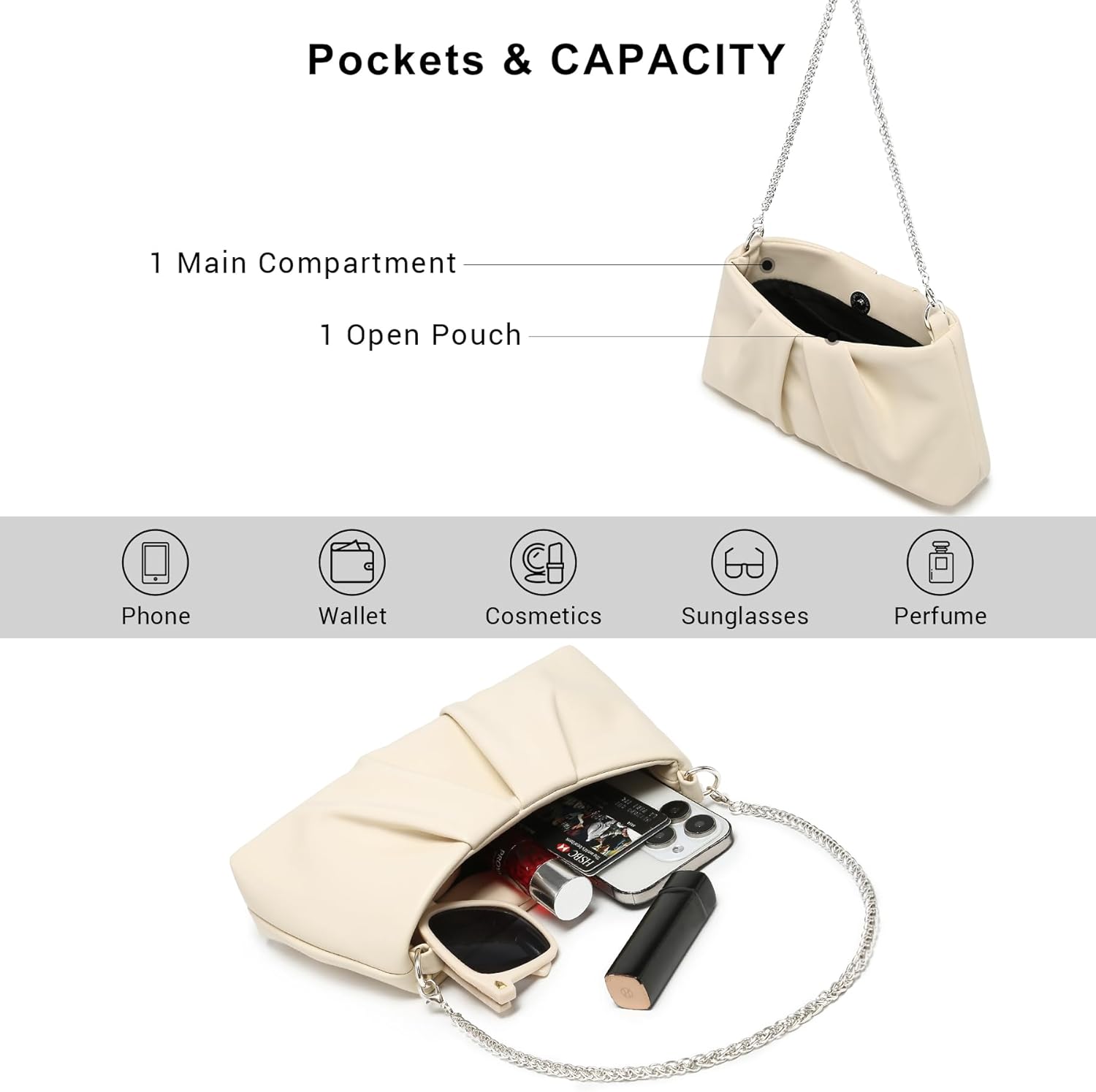 Elegant Pleated Evening Bag Soft Vegan Leather Clutch Purse Dressy Formal Handbag with 2 Chain Straps for Women