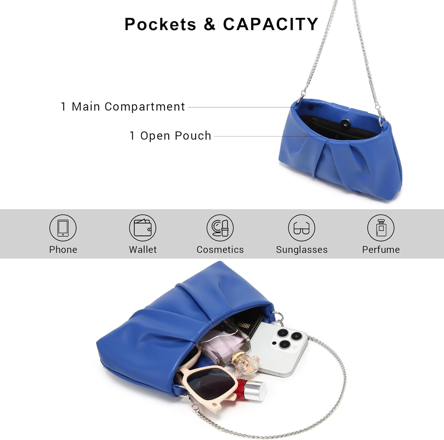 Elegant Pleated Evening Bag Soft Vegan Leather Clutch Purse Dressy Formal Handbag with 2 Chain Straps for Women