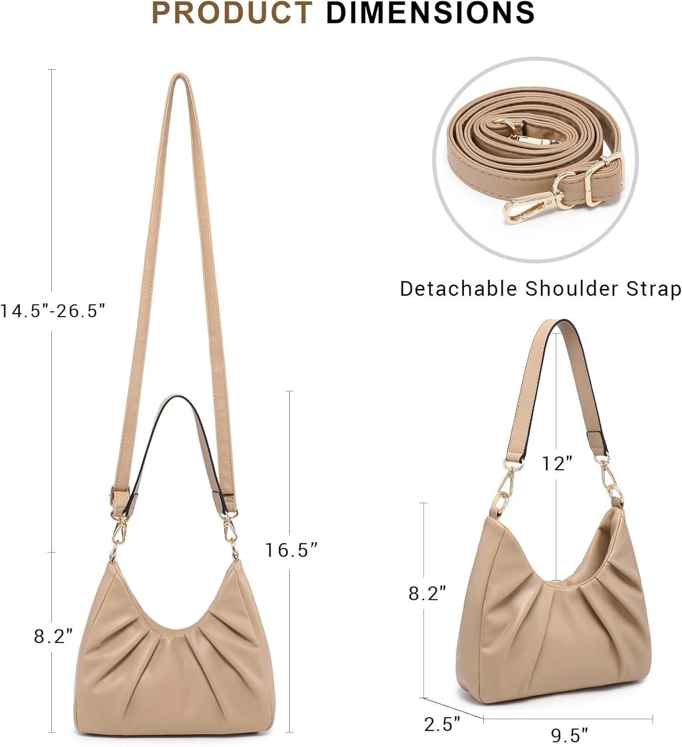 Ruched Hobo Handbag for Women Retro Shoulder Purse Crossbody Bag with 2 Removable Straps