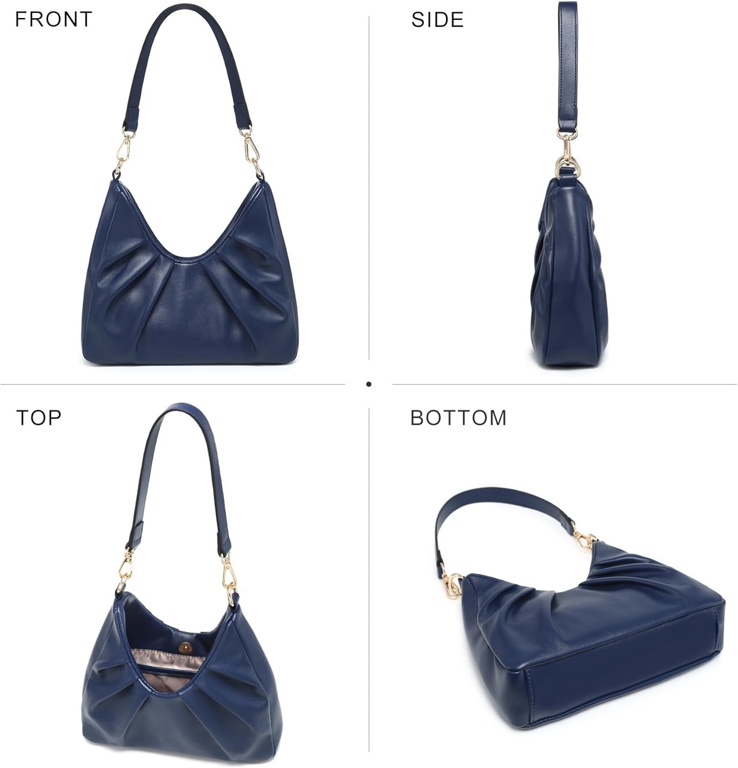 Ruched Hobo Handbag for Women Retro Shoulder Purse Crossbody Bag with 2 Removable Straps