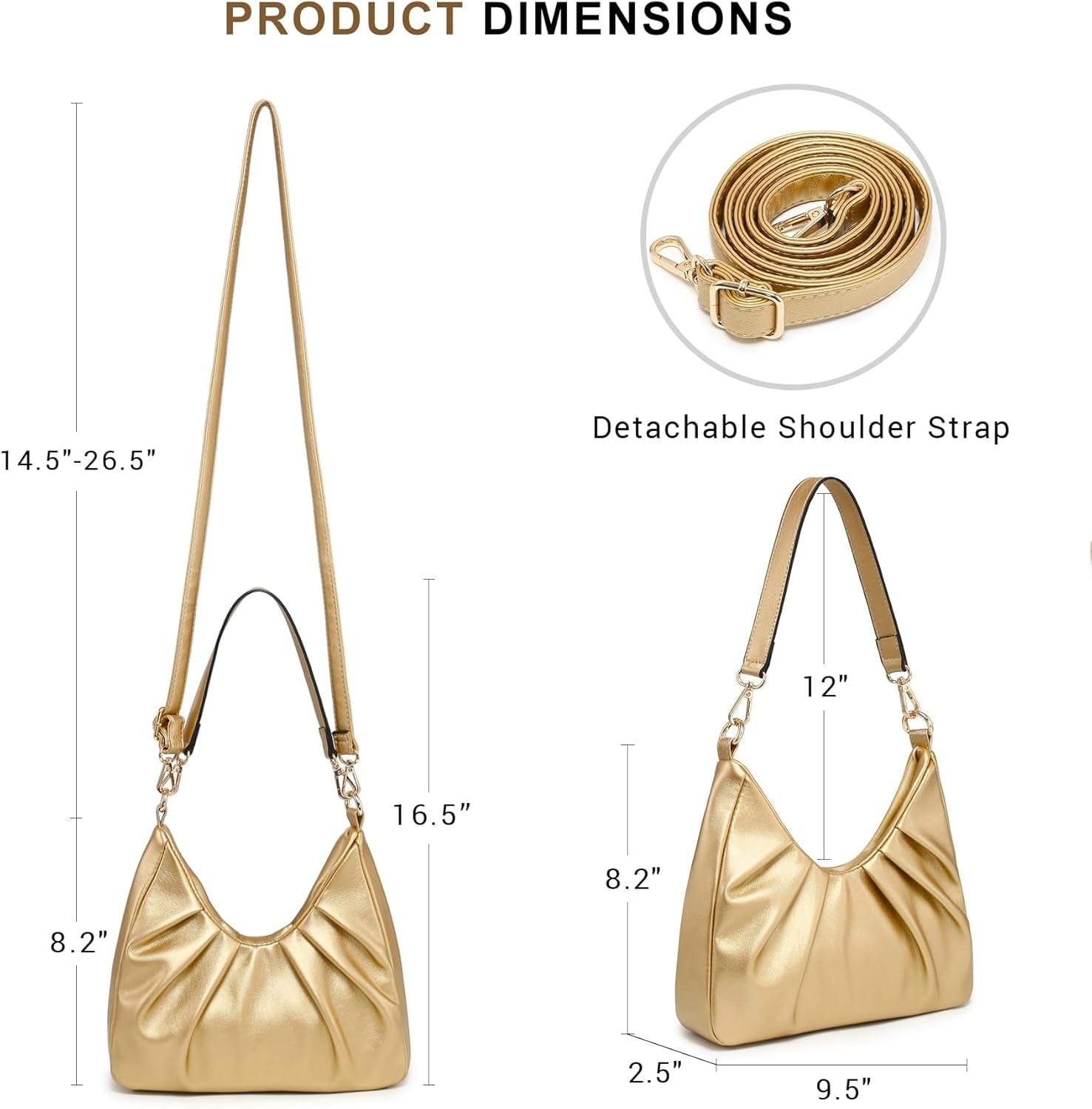 Ruched Hobo Handbag for Women Retro Shoulder Purse Crossbody Bag with 2 Removable Straps