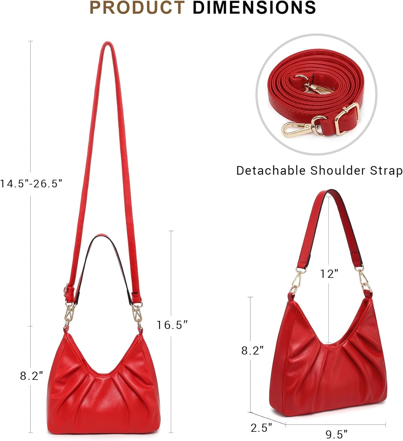 Ruched Hobo Handbag for Women Retro Shoulder Purse Crossbody Bag with 2 Removable Straps