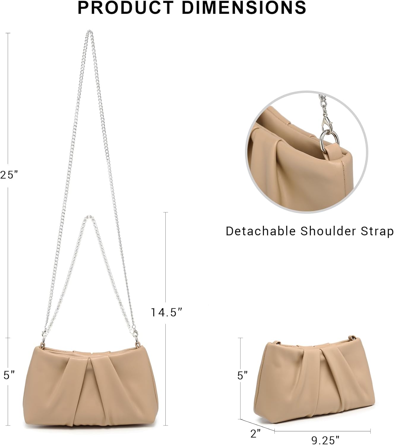 Elegant Pleated Evening Bag Soft Vegan Leather Clutch Purse Dressy Formal Handbag with 2 Chain Straps for Women