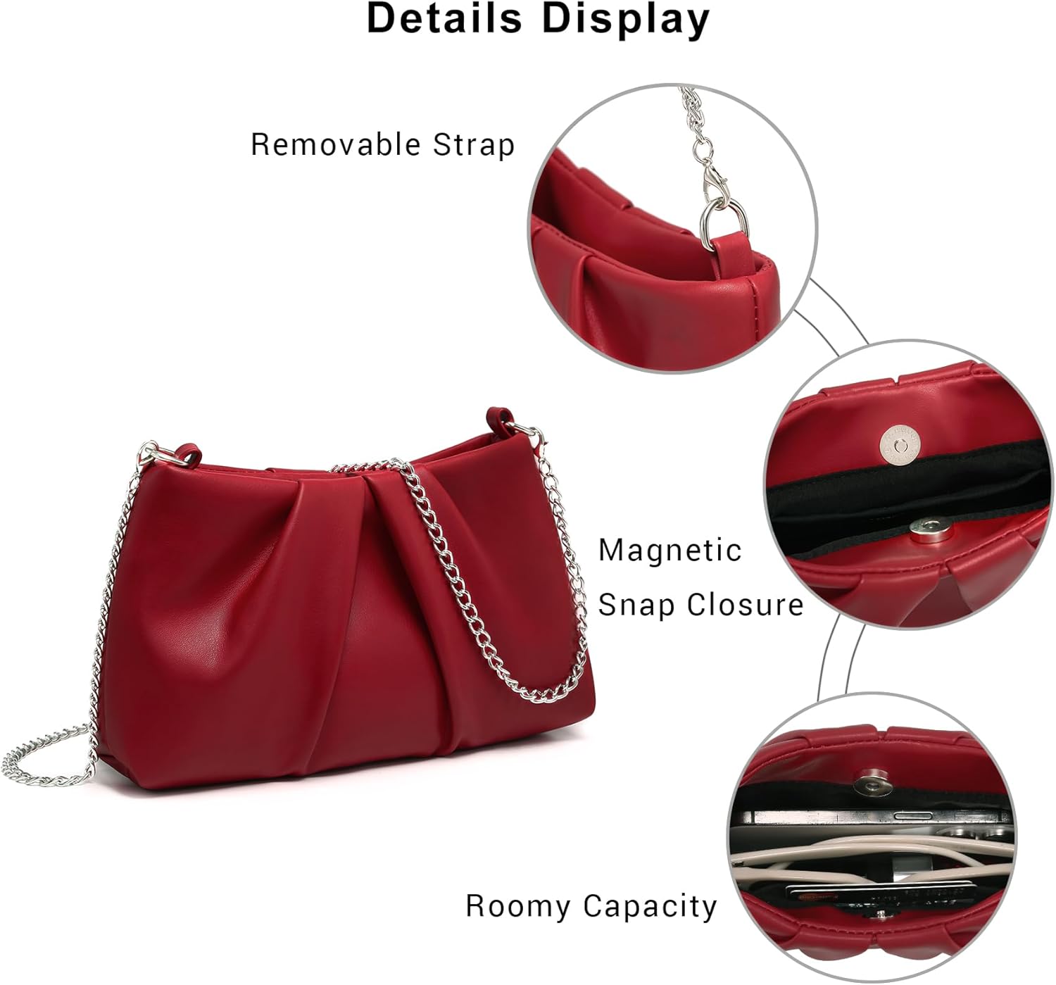 Elegant Pleated Evening Bag Soft Vegan Leather Clutch Purse Dressy Formal Handbag with 2 Chain Straps for Women