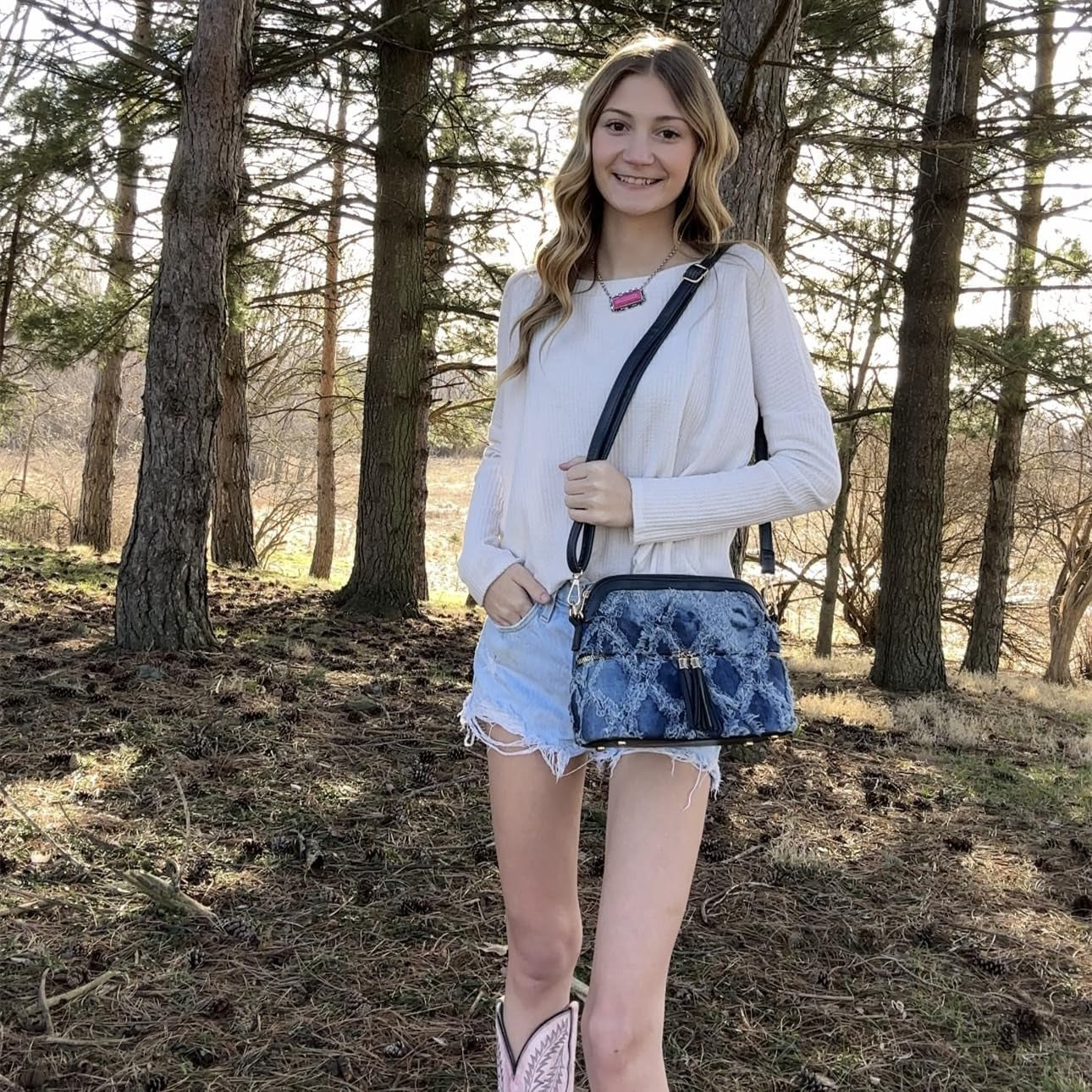 Women Jean Tassel Zipper Pocket Crossbody Bag Shoulder Purse
