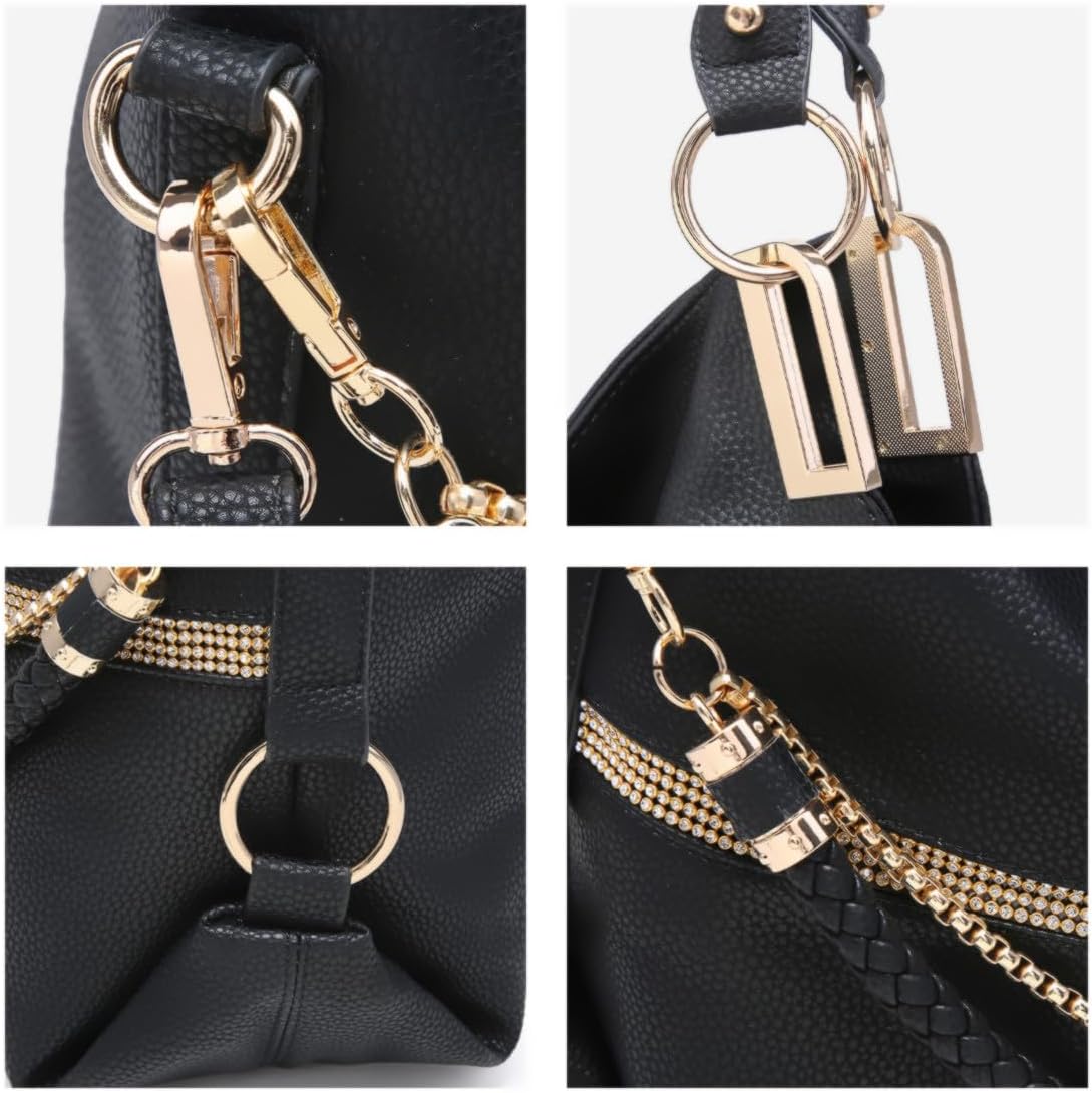Women's Large Hobo Bag with Rhinestone Accents Vegan Leather Tote Purse Shoulder Handbag for Ladies