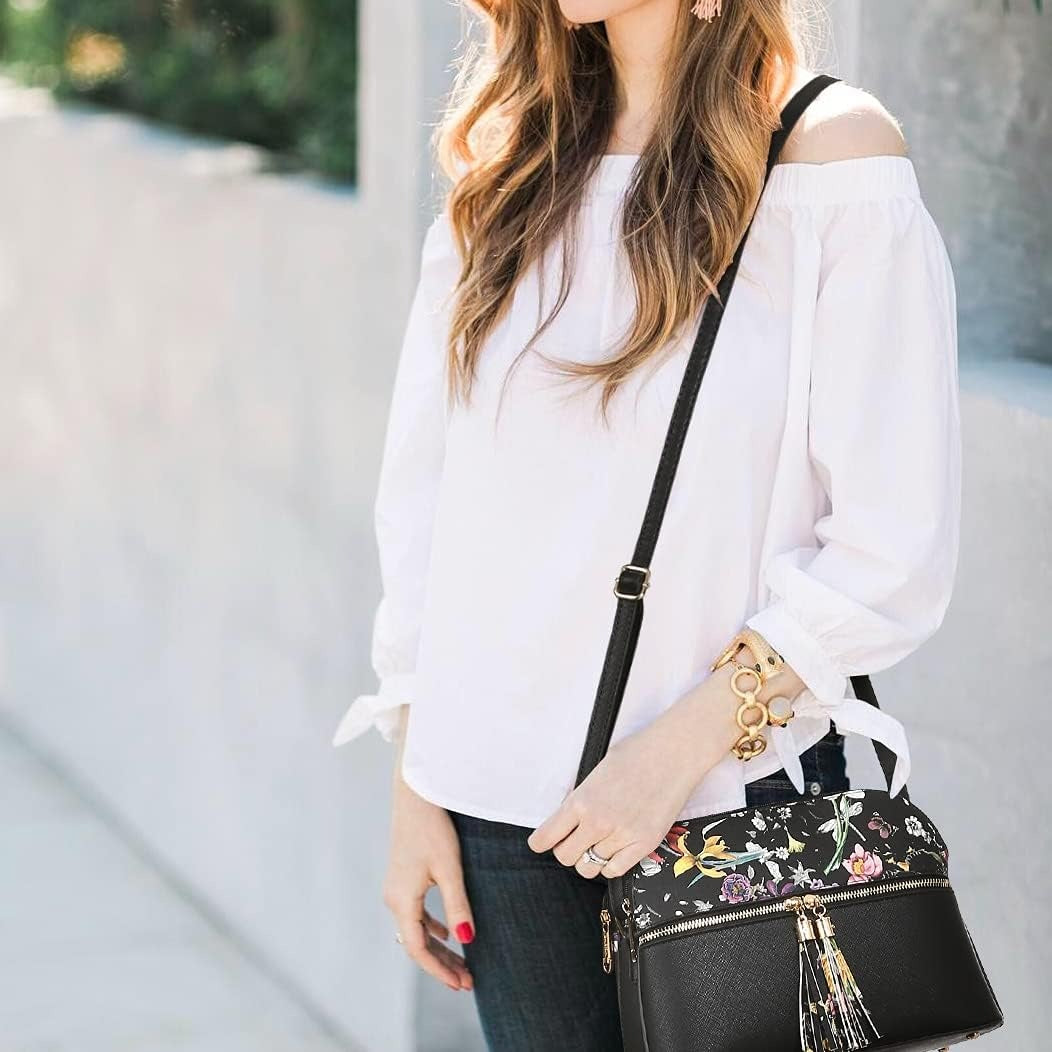 Women Tassel Zipper Pocket Crossbody Bag Shoulder Purse with Multi Pockets
