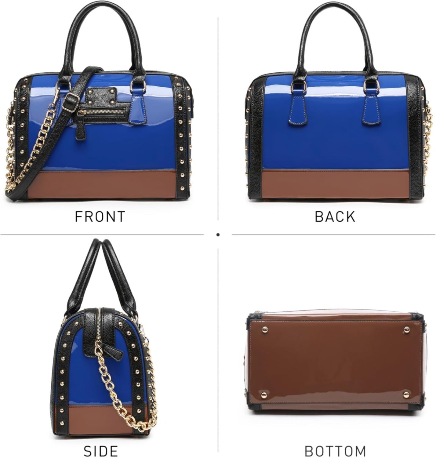 Women's Barrel Bag Shiny Patent Faux Leather Handbag with Rivet Decoration Top Handle Satchel Shoulder Purse