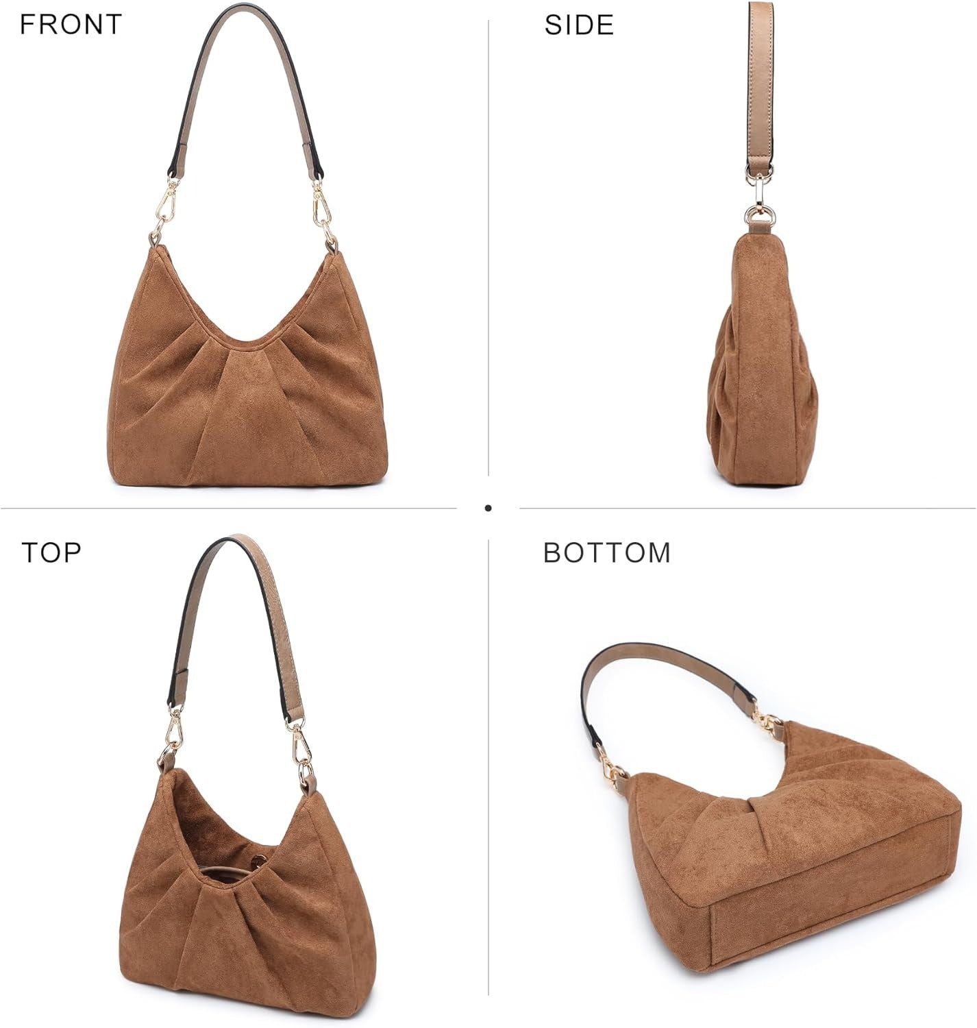 Ruched Hobo Handbag for Women Retro Shoulder Purse Crossbody Bag with 2 Removable Straps