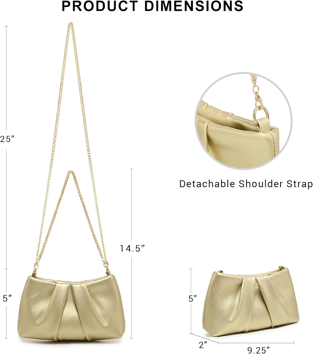 Elegant Pleated Evening Bag Soft Vegan Leather Clutch Purse Dressy Formal Handbag with 2 Chain Straps for Women