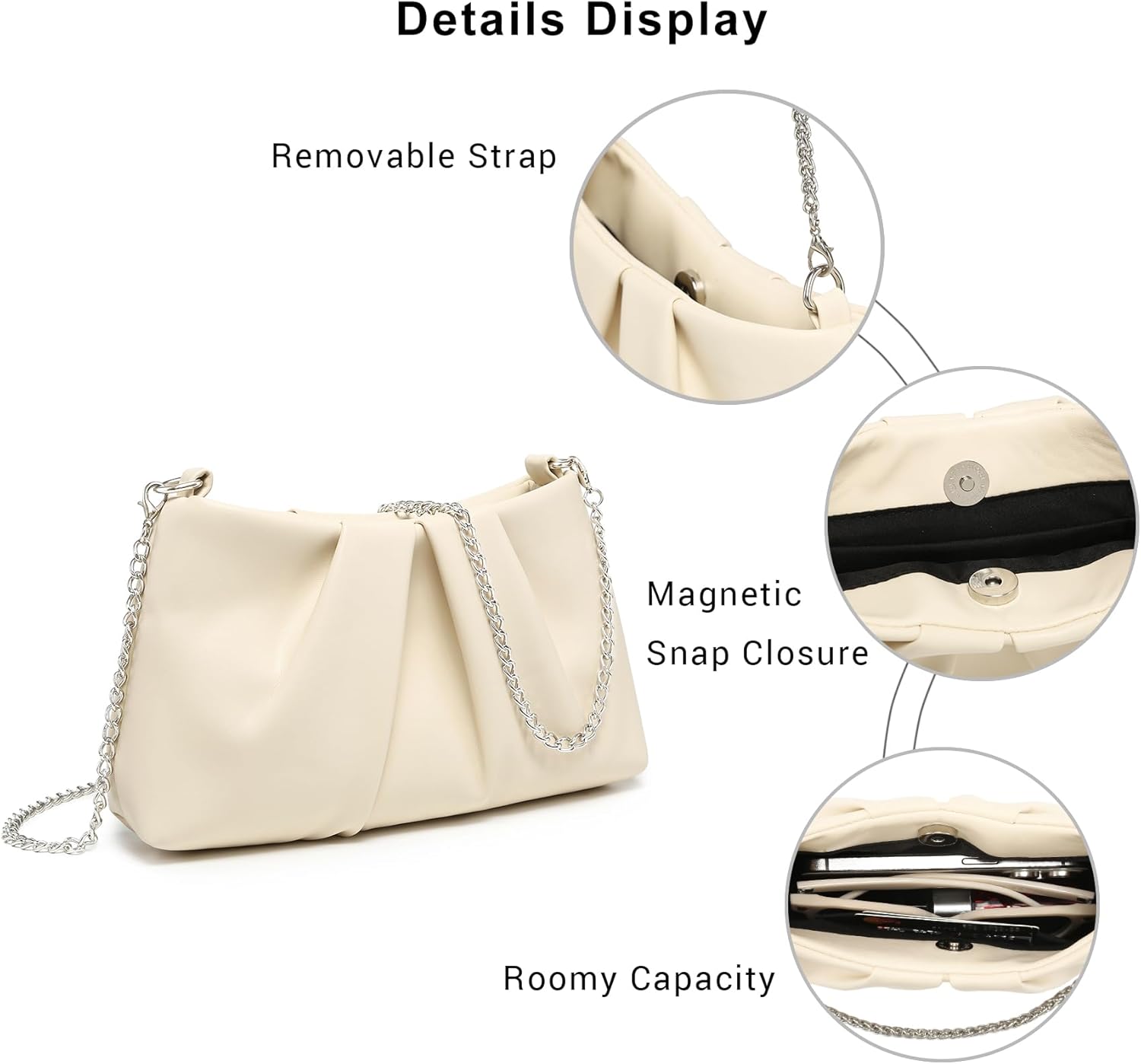 Elegant Pleated Evening Bag Soft Vegan Leather Clutch Purse Dressy Formal Handbag with 2 Chain Straps for Women