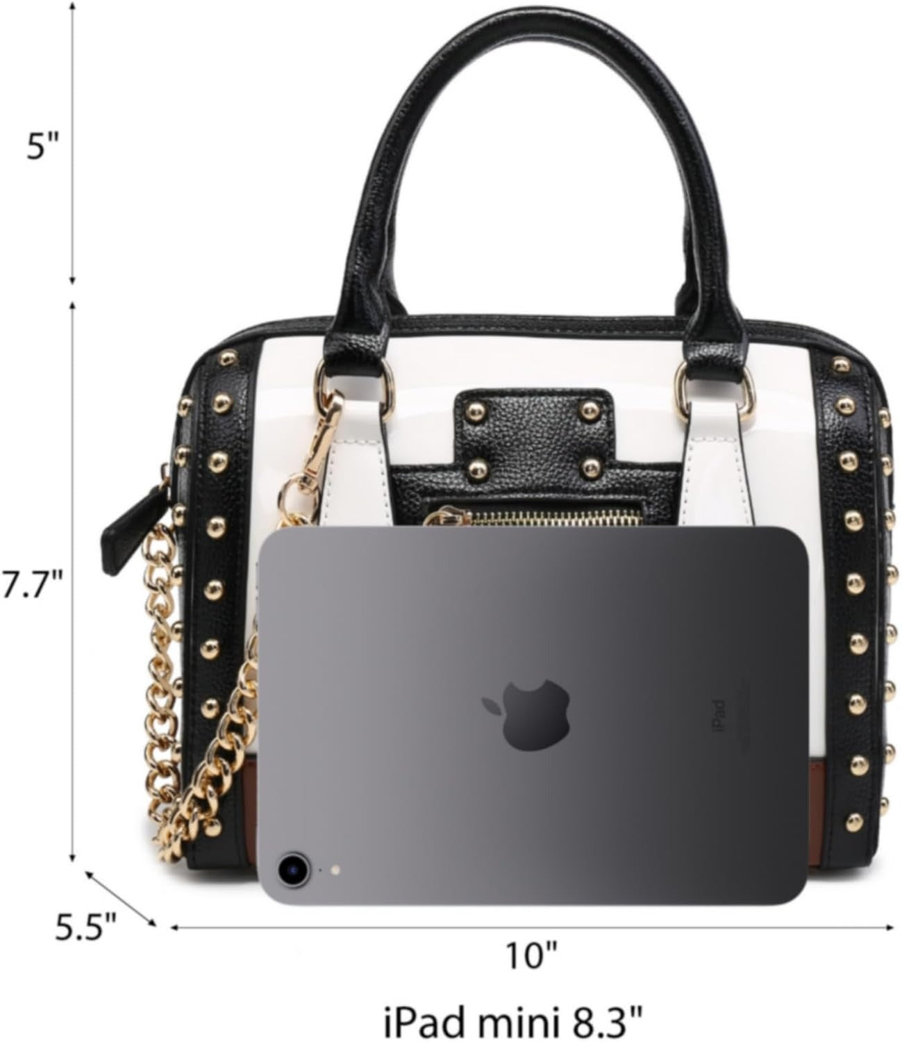 Women's Barrel Bag Shiny Patent Faux Leather Handbag with Rivet Decoration Top Handle Satchel Shoulder Purse