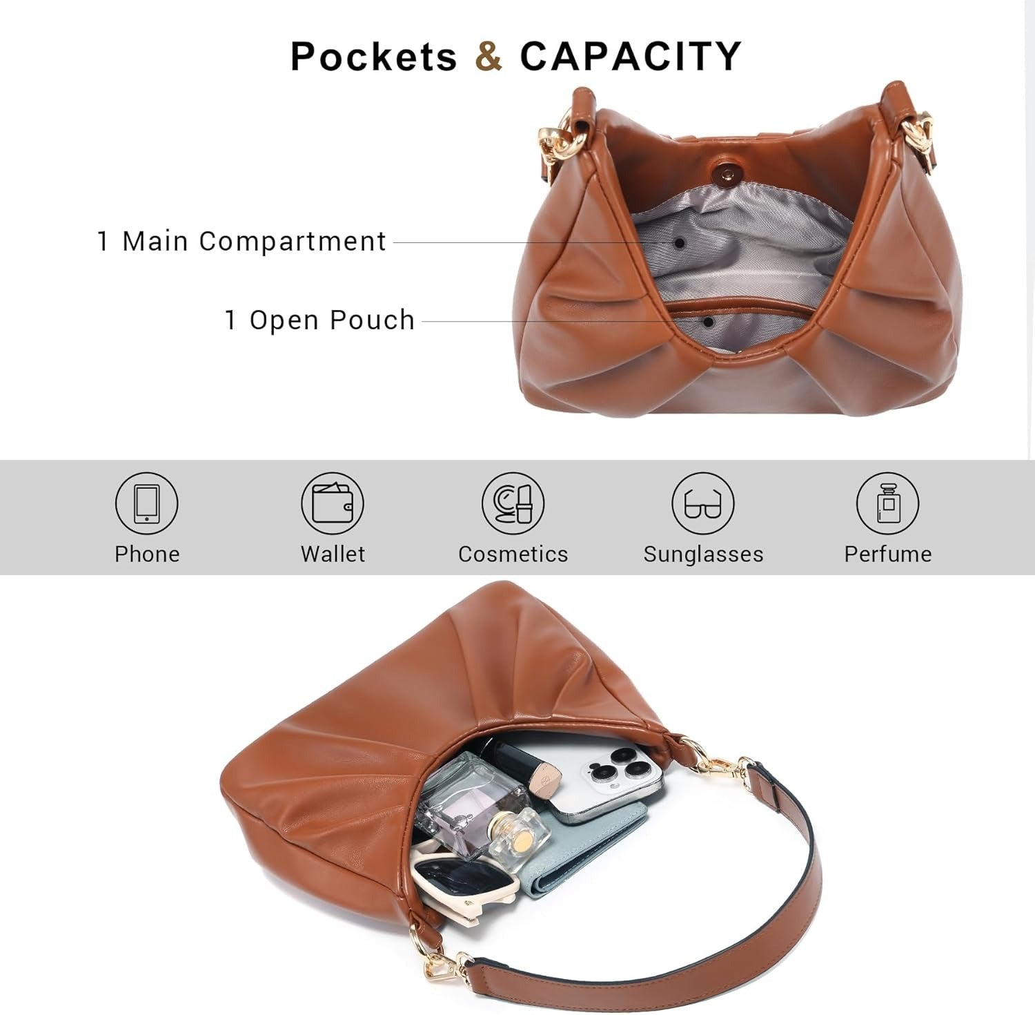 Ruched Hobo Handbag for Women Retro Shoulder Purse Crossbody Bag with 2 Removable Straps