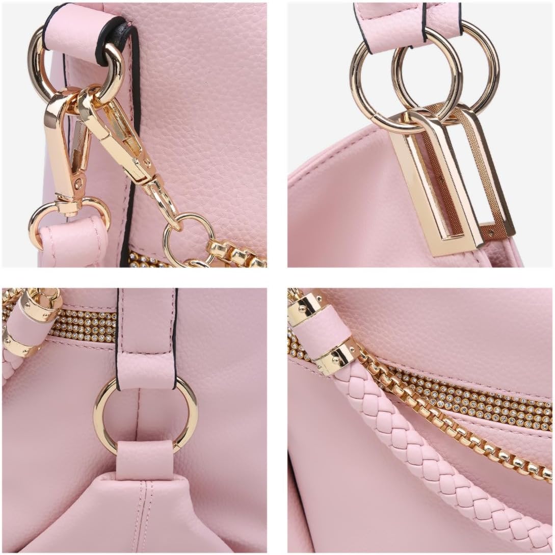 Women's Large Hobo Bag with Rhinestone Accents Vegan Leather Tote Purse Shoulder Handbag for Ladies