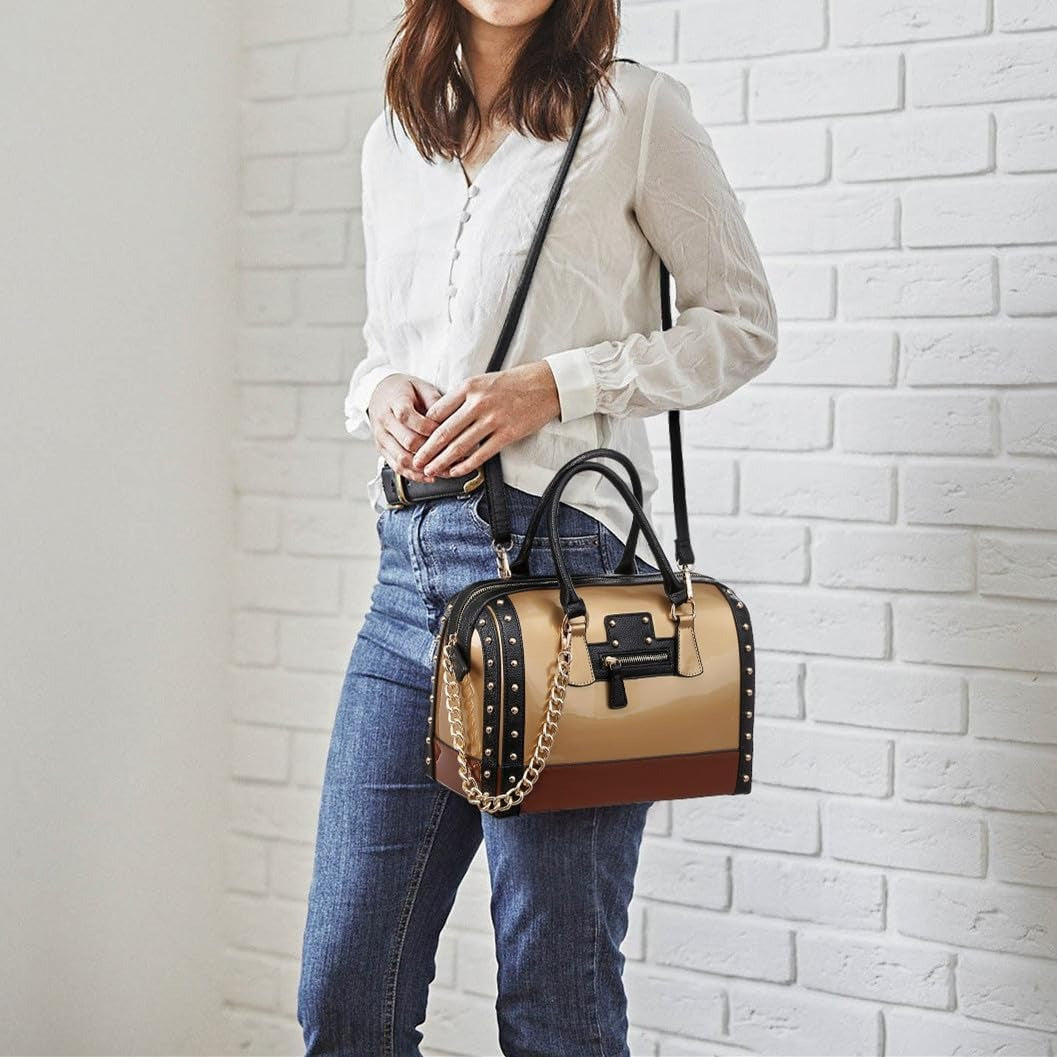 Women's Barrel Bag Shiny Patent Faux Leather Handbag with Rivet Decoration Top Handle Satchel Shoulder Purse