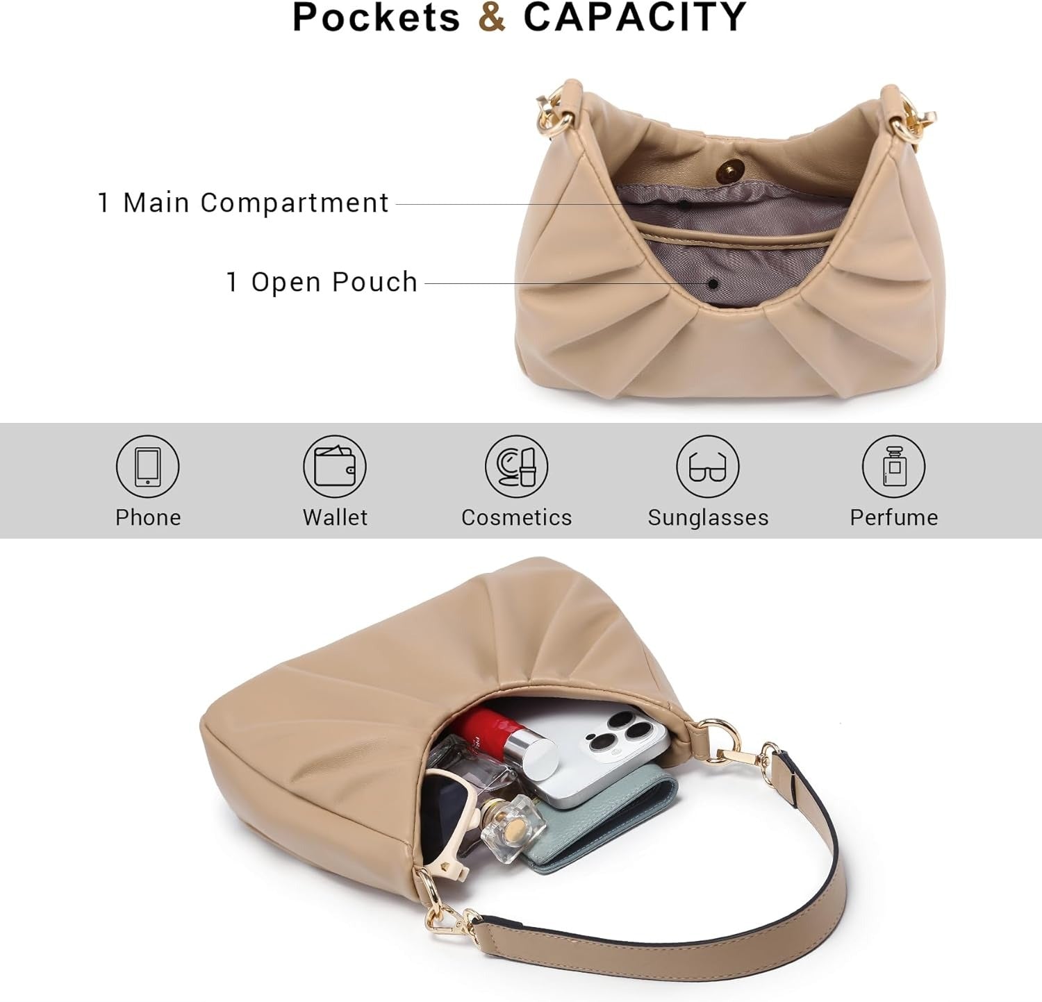 Ruched Hobo Handbag for Women Retro Shoulder Purse Crossbody Bag with 2 Removable Straps