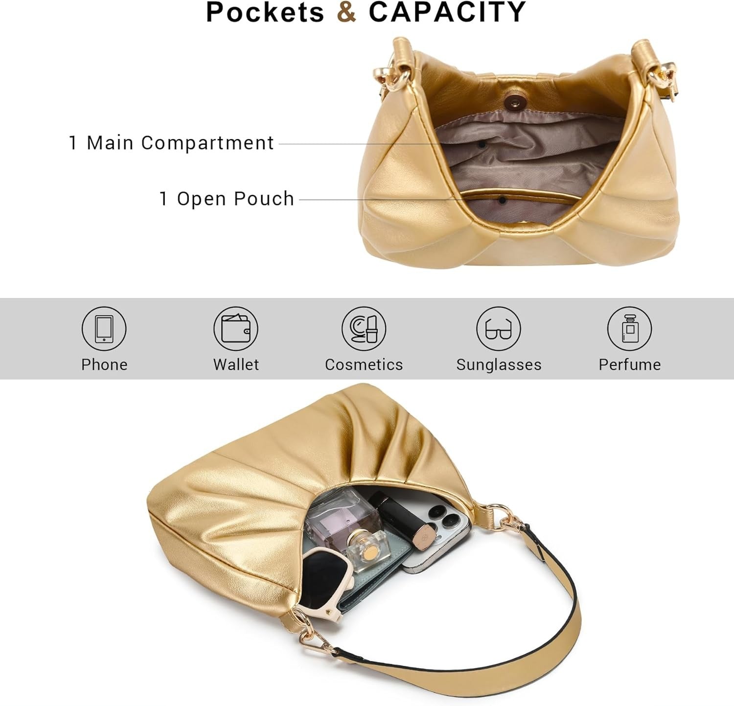 Ruched Hobo Handbag for Women Retro Shoulder Purse Crossbody Bag with 2 Removable Straps