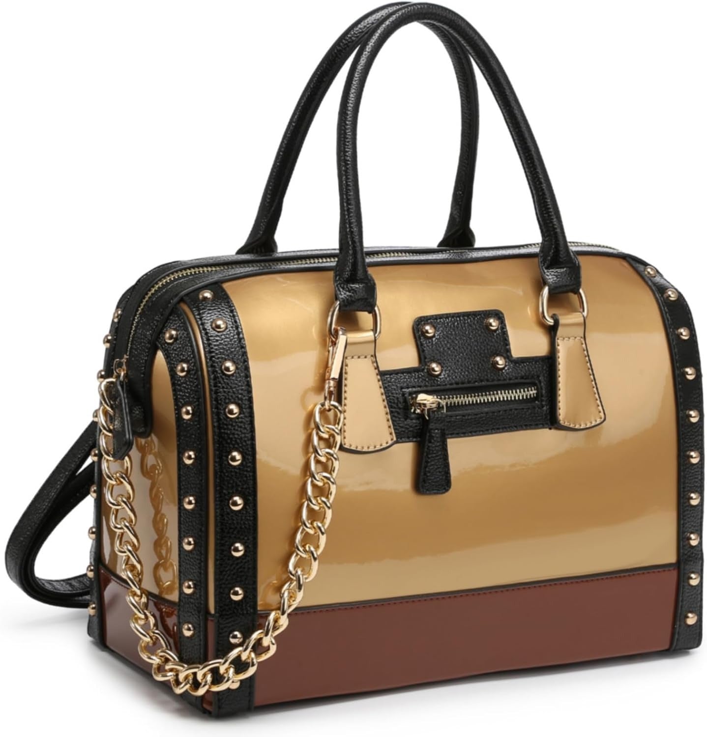 Women's Barrel Bag Shiny Patent Faux Leather Handbag with Rivet Decoration Top Handle Satchel Shoulder Purse