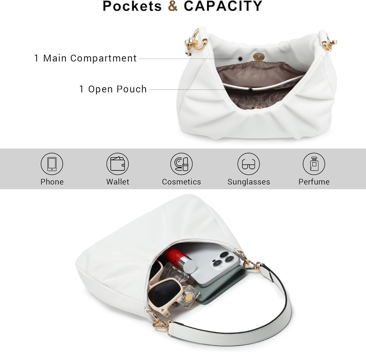 Ruched Hobo Handbag for Women Retro Shoulder Purse Crossbody Bag with 2 Removable Straps