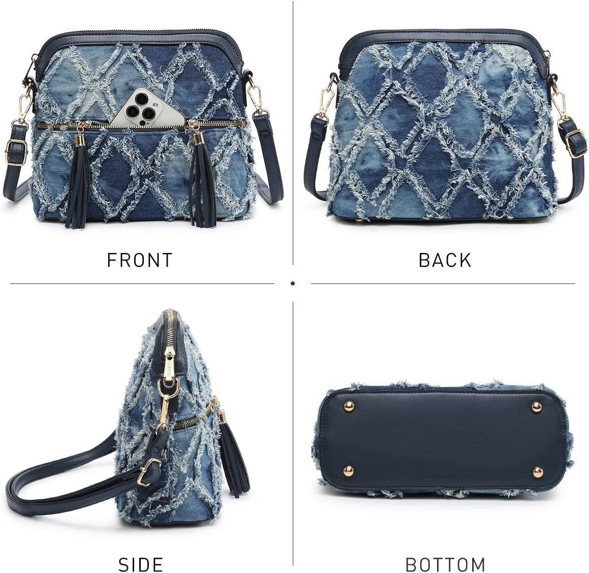 Women Jean Tassel Zipper Pocket Crossbody Bag Shoulder Purse