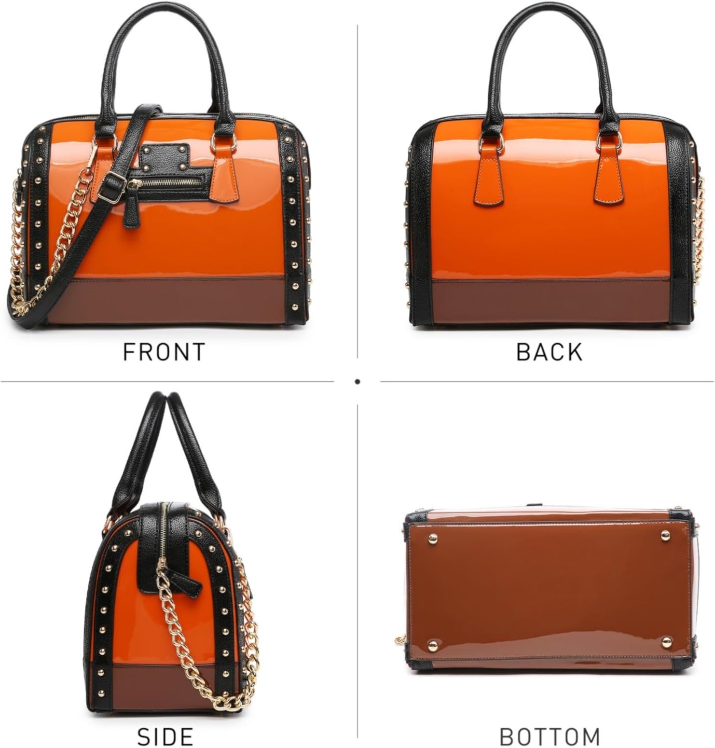 Women's Barrel Bag Shiny Patent Faux Leather Handbag with Rivet Decoration Top Handle Satchel Shoulder Purse