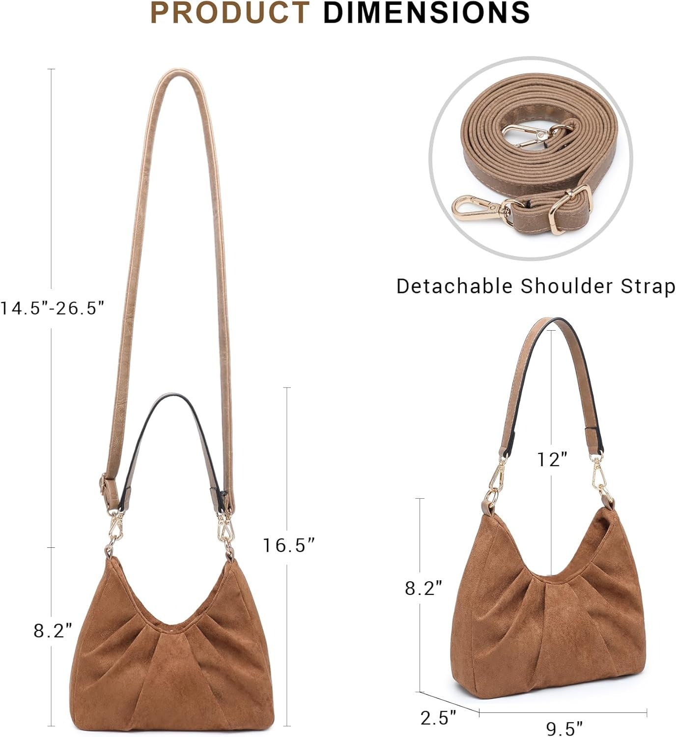 Ruched Hobo Handbag for Women Retro Shoulder Purse Crossbody Bag with 2 Removable Straps