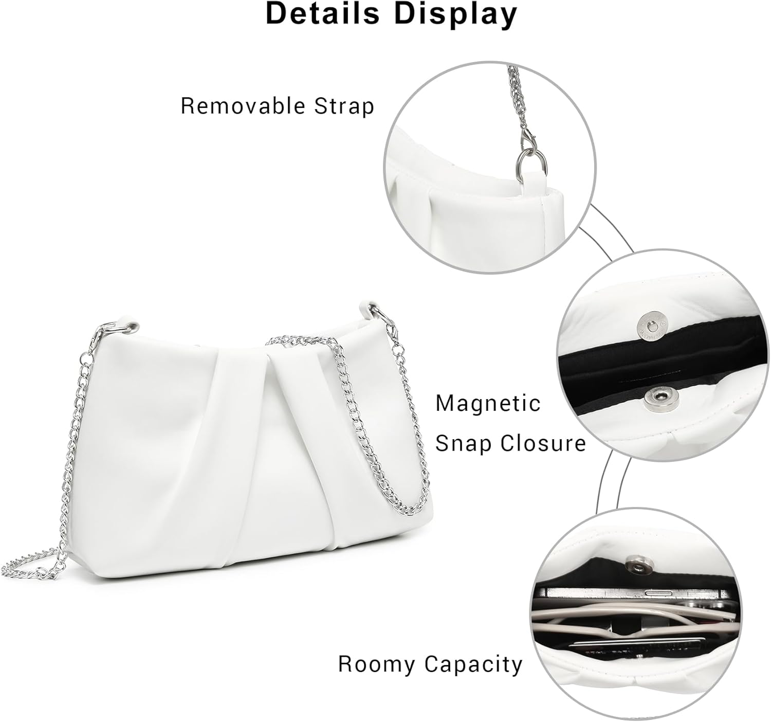 Elegant Pleated Evening Bag Soft Vegan Leather Clutch Purse Dressy Formal Handbag with 2 Chain Straps for Women