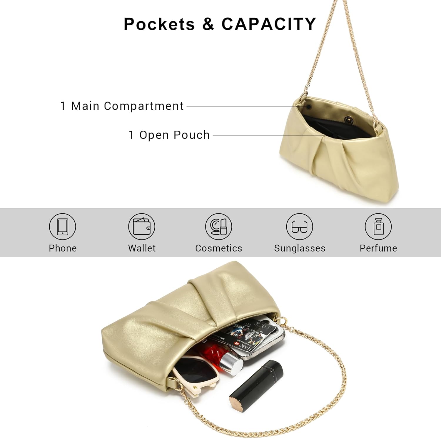 Elegant Pleated Evening Bag Soft Vegan Leather Clutch Purse Dressy Formal Handbag with 2 Chain Straps for Women