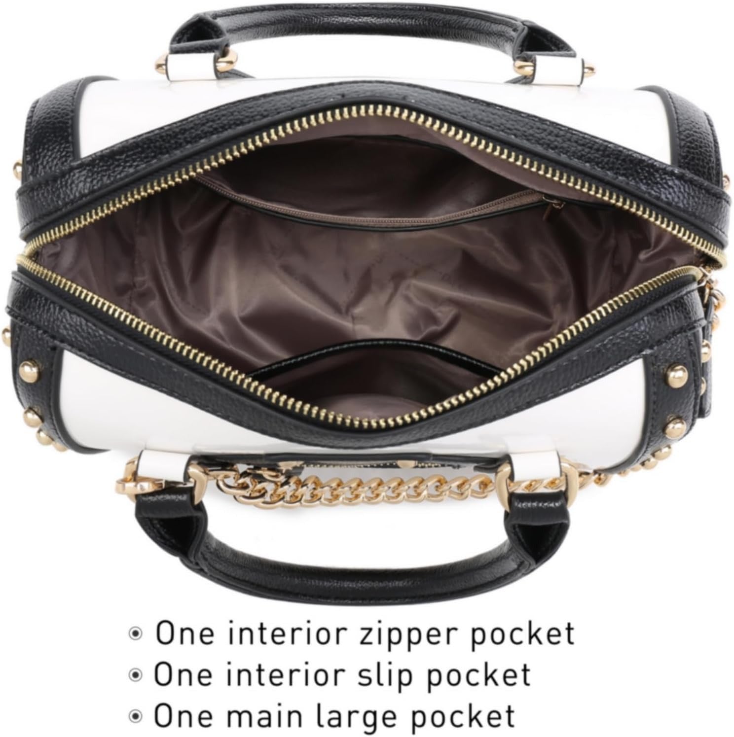 Women's Barrel Bag Shiny Patent Faux Leather Handbag with Rivet Decoration Top Handle Satchel Shoulder Purse