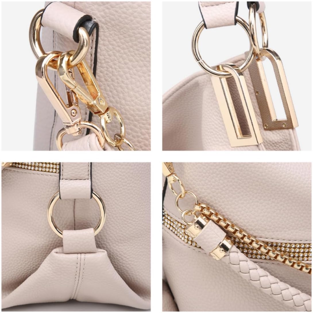 Women's Large Hobo Bag with Rhinestone Accents Vegan Leather Tote Purse Shoulder Handbag for Ladies