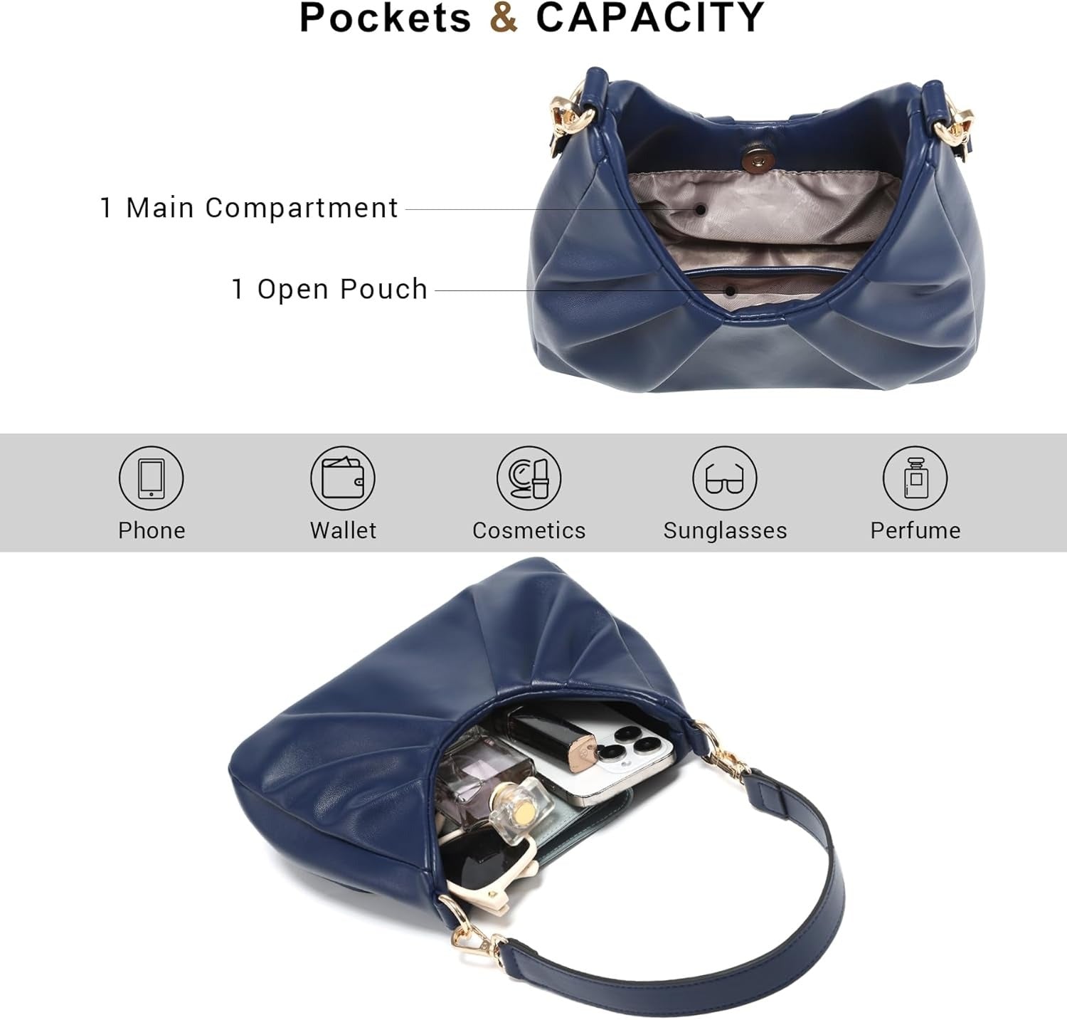 Ruched Hobo Handbag for Women Retro Shoulder Purse Crossbody Bag with 2 Removable Straps