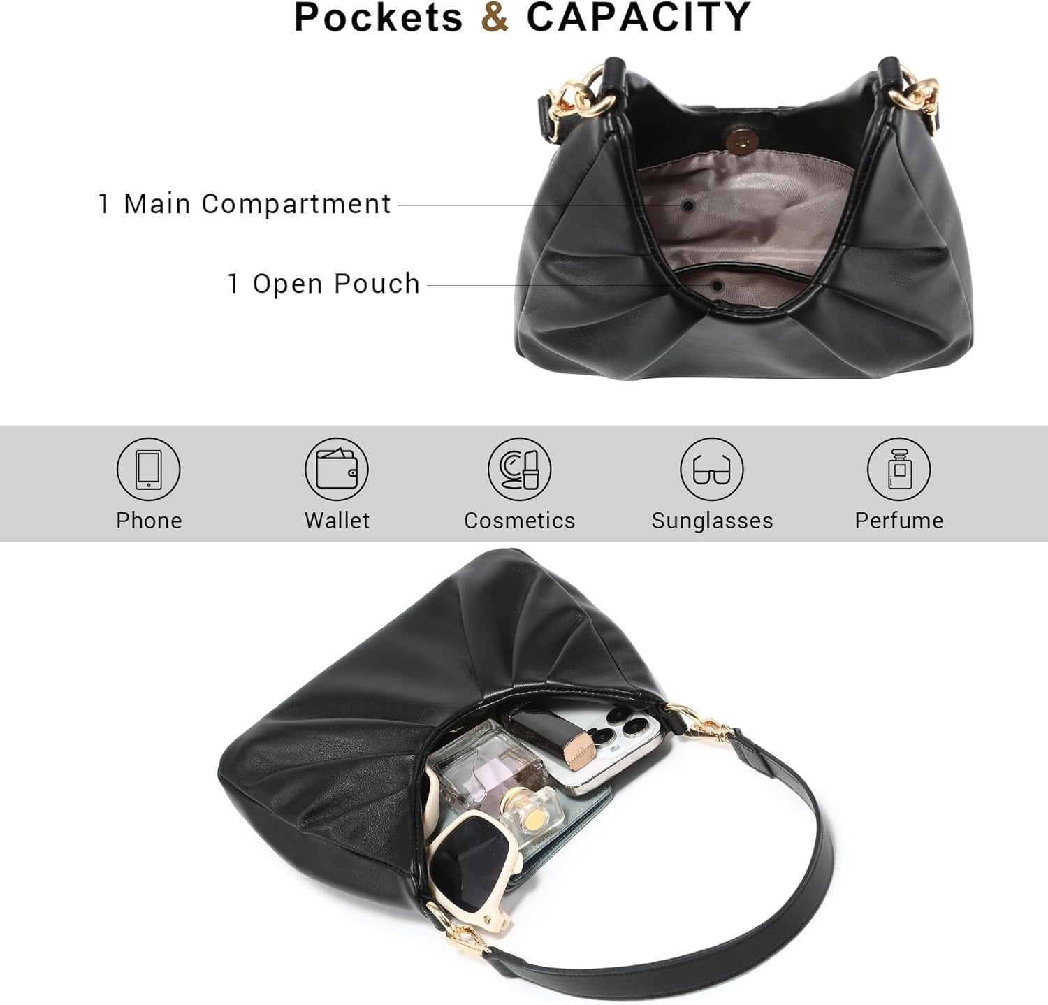 Ruched Hobo Handbag for Women Retro Shoulder Purse Crossbody Bag with 2 Removable Straps