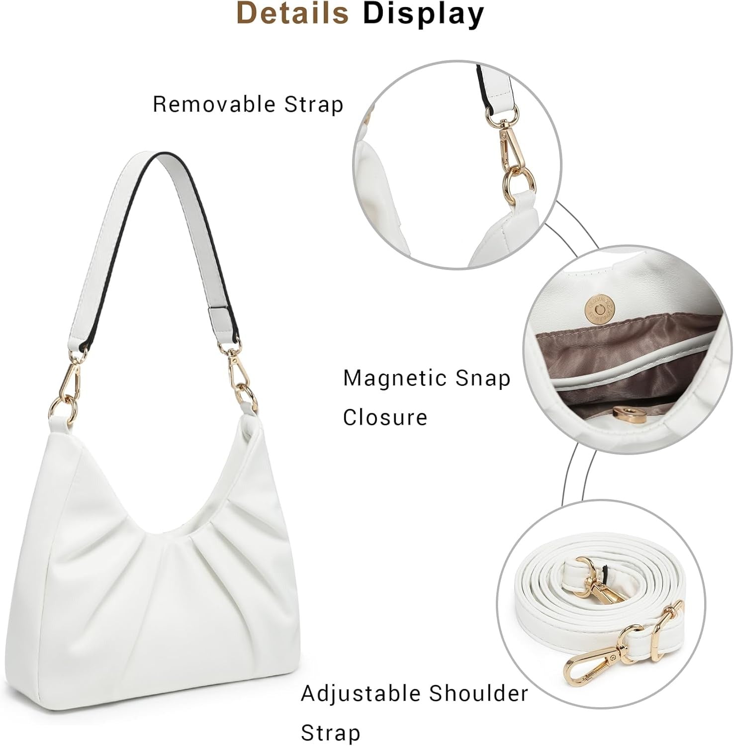 Ruched Hobo Handbag for Women Retro Shoulder Purse Crossbody Bag with 2 Removable Straps