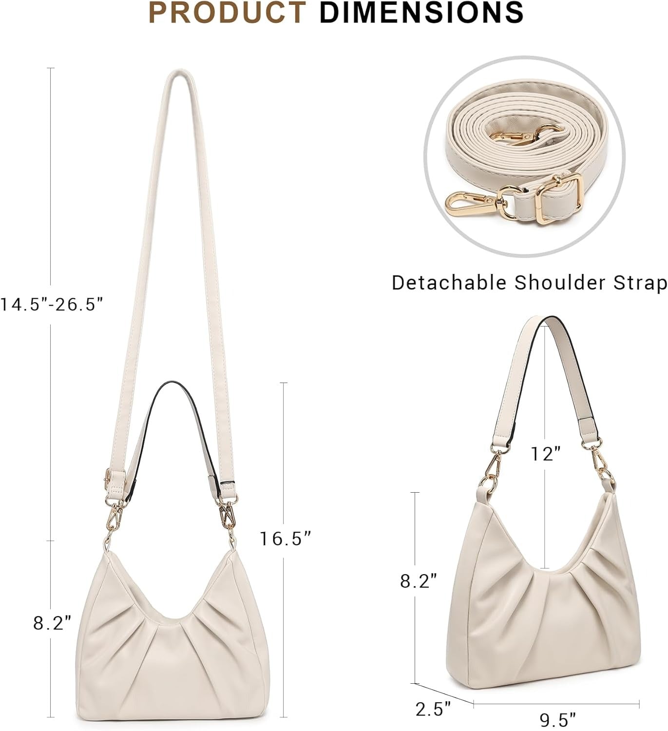 Ruched Hobo Handbag for Women Retro Shoulder Purse Crossbody Bag with 2 Removable Straps