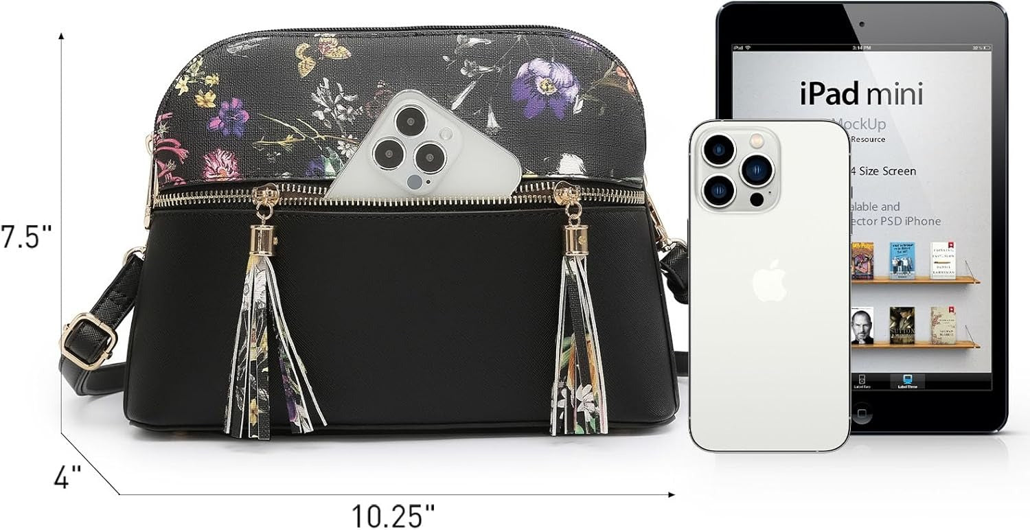 Women Tassel Zipper Pocket Crossbody Bag Shoulder Purse with Multi Pockets