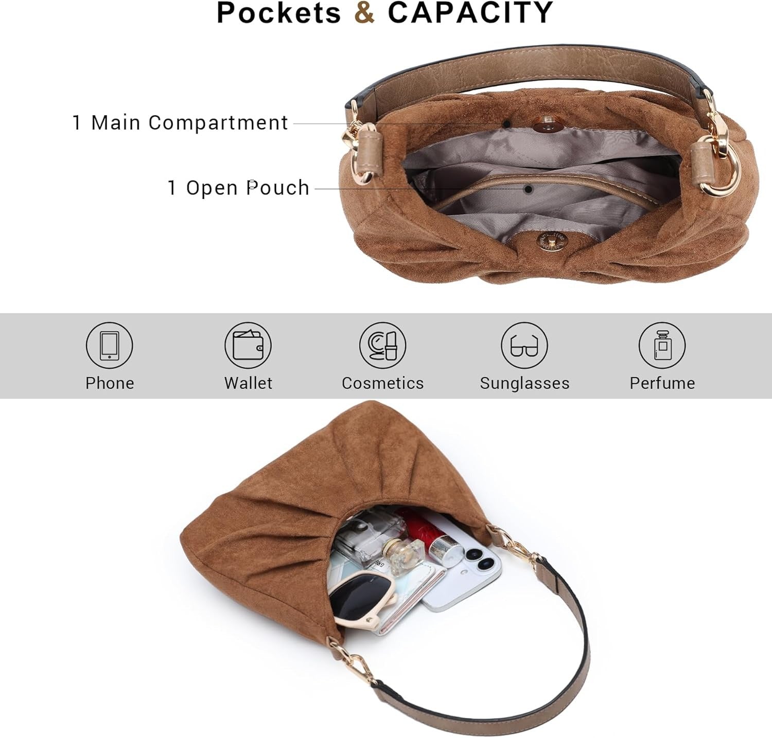 Ruched Hobo Handbag for Women Retro Shoulder Purse Crossbody Bag with 2 Removable Straps